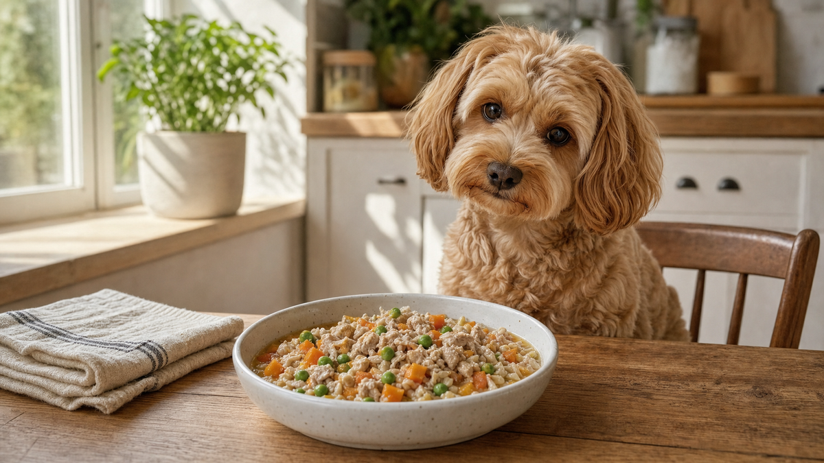 Small breed dog beside a ceramic bowl of human-grade gently-cooked fresh dog food with chicken, pumpkin, and carrots