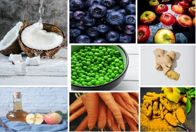 uperfoods coconut oil, blueberries, apples, peas, carrots, turmeric, ginger, and apple cider vinegar