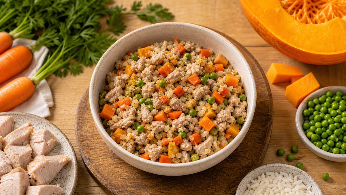 A bowl of gently cooked dog food with chicken, pumpkin, and fresh vegetables on a natural wood surface