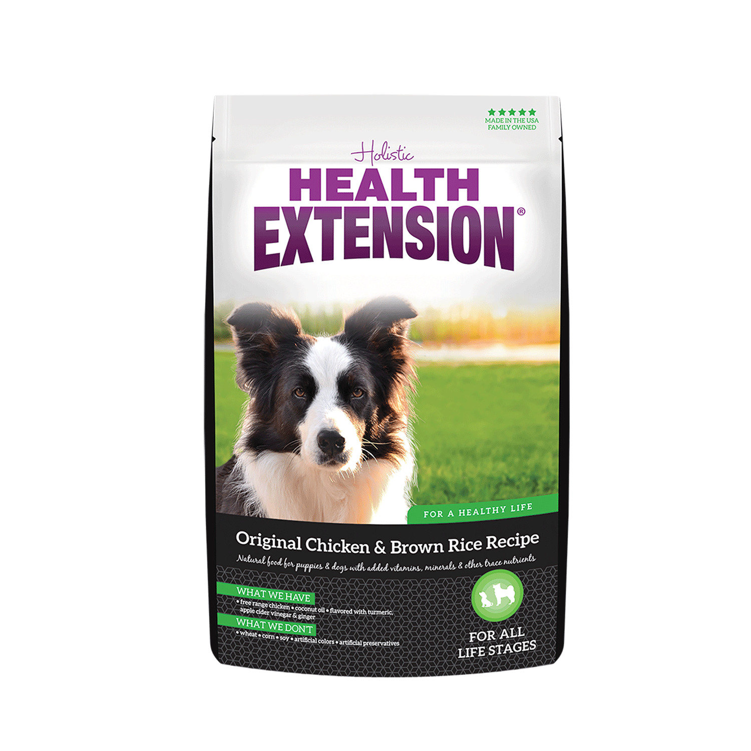A bag of Health Extension dog food with a Border Collie on the front, labeled Original Chicken & Brown Rice Recipe for all life stages, set against a green outdoor background.