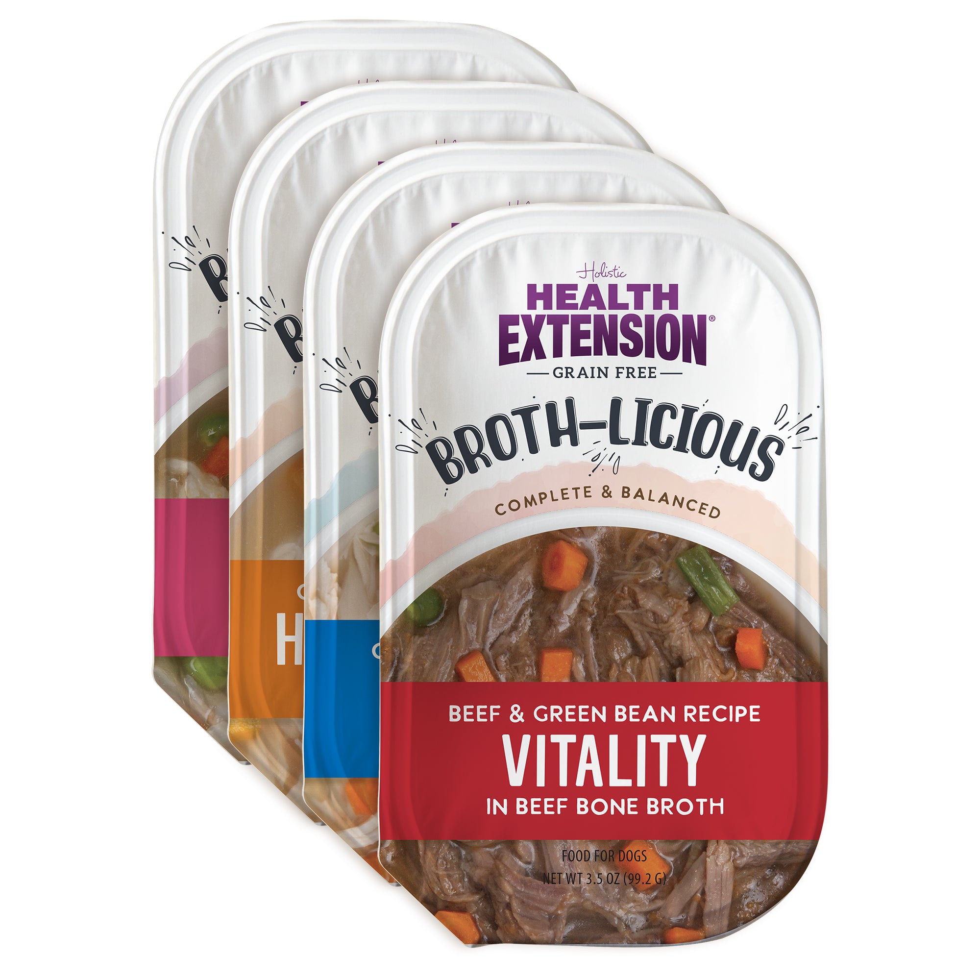 Four packs of Health Extension Broth-Licious Variety Pack for Adult Dogs, featuring trays labeled Beef & Green Bean Recipe Vitality in Beef Bone Broth with packaging showing a savory beef stew and vegetables.