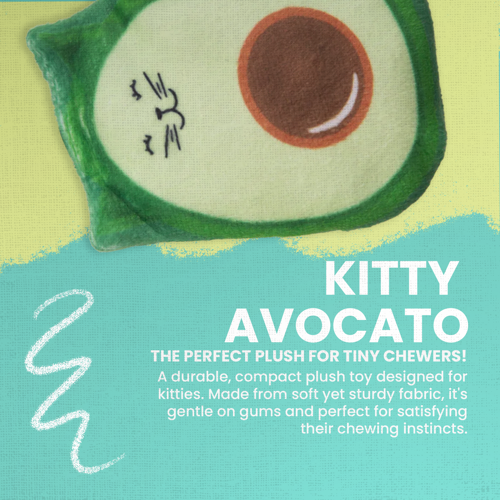The Snugarooz Kitty Avocato with Catnip is an eco-friendly plush avocado cat toy featuring a cute cat face, ears, tail, brown pit, and happy expression—perfect for playful pets.