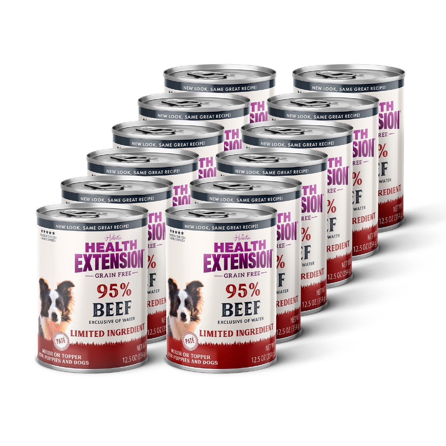 Health Extension Grain Free 95% Beef is a limited-ingredient dog food for puppies and adults, featuring a Border Collie on the label. Each 12.5 oz (354g) can makes a great topper for your dog's meal.