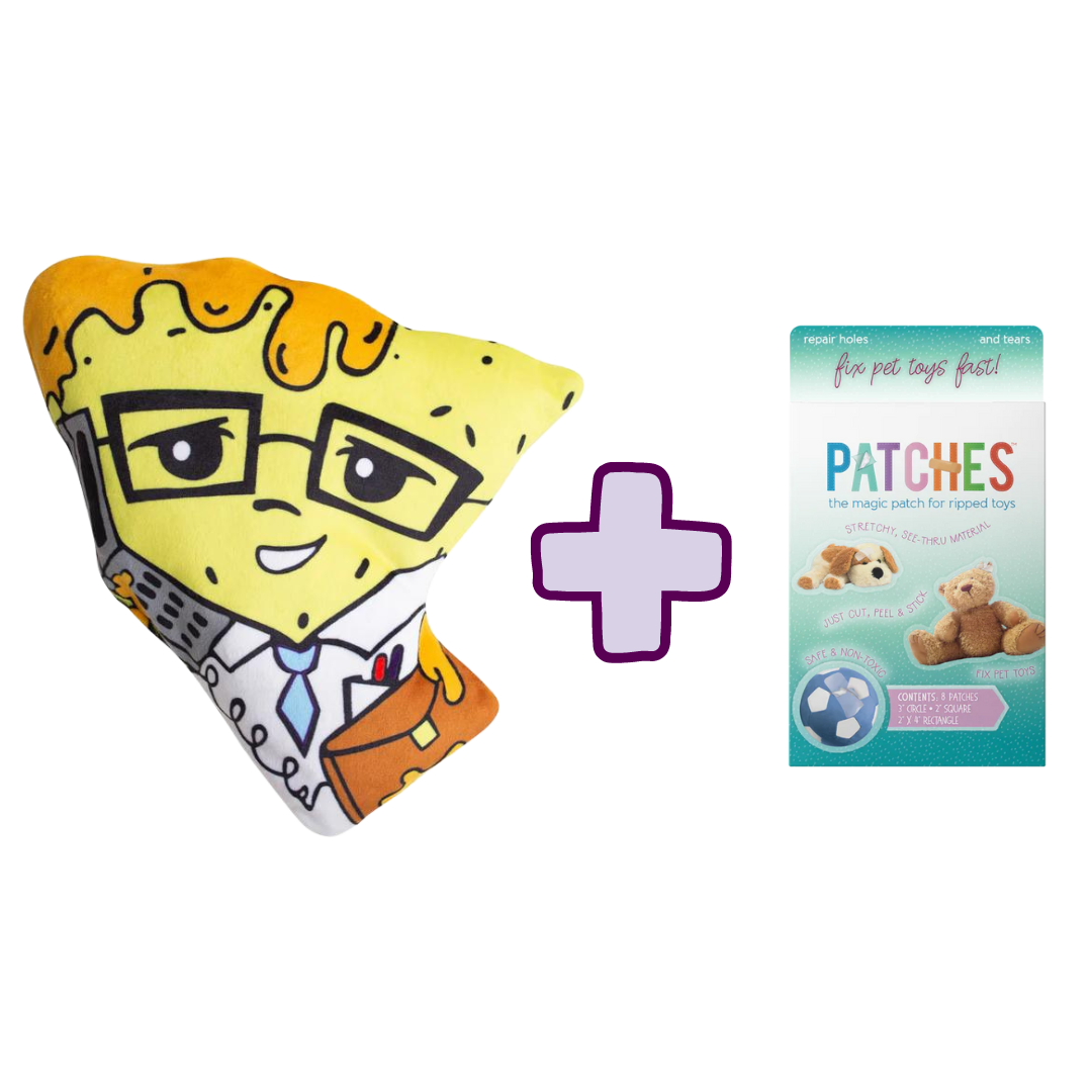 The Snugarooz Nacho Business plush toy, shaped like a cartoon cheese with glasses and a tie, is paired with Patches—a repair kit for pet toys featuring stuffed animals on the packaging.