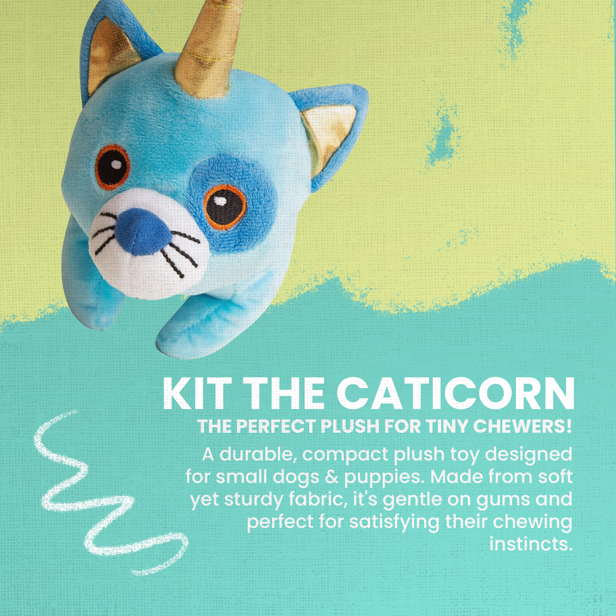 Kit the Caticorn by Snugarooz is a blue plush dog toy with a gold horn and orange ears, made from soft yet sturdy fabric. It's non-toxic, durable, compact, and perfect as a chew toy for small and medium-sized dogs.