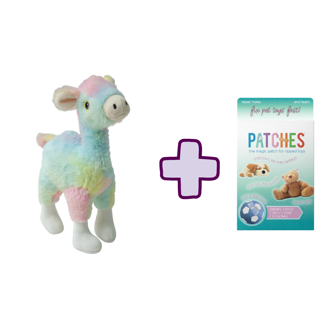SnugArooz Ally the Alpaca + Patches; a stuffed toy and a package of patches