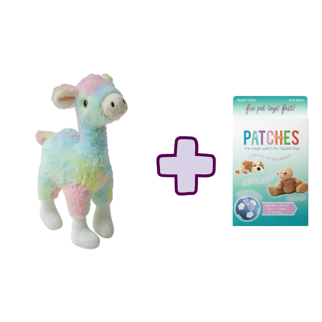 Snugarooz Ally the Alpaca + Patches: A pastel alpaca plush sits beside PATCHES repair patches for pet toys, separated by a bold purple plus sign on a white background.