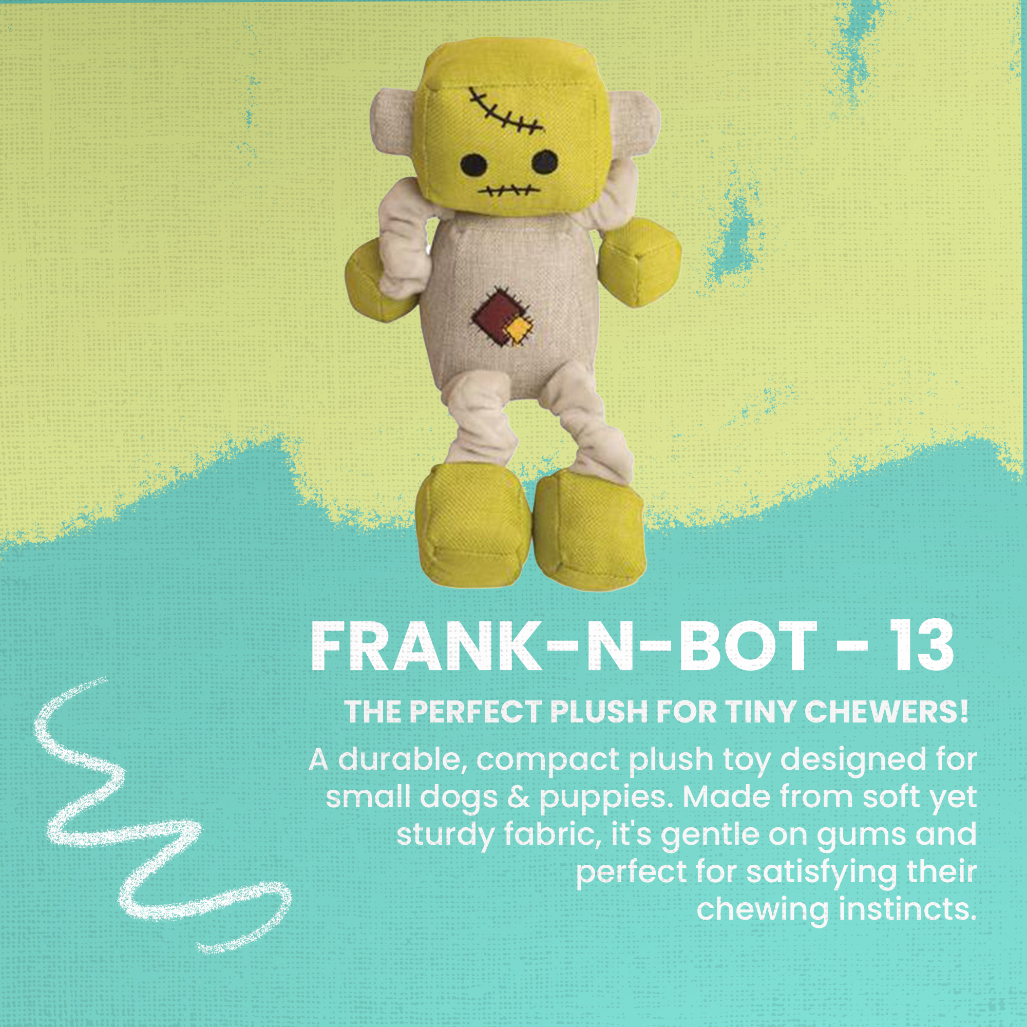 The Snugarooz Frank-N-Bot is a plush toy robot with a square green head, stitched mouth and eyes, patchwork details, beige body and limbs, green hands and feet—making it a fun Halloween toy for dogs.