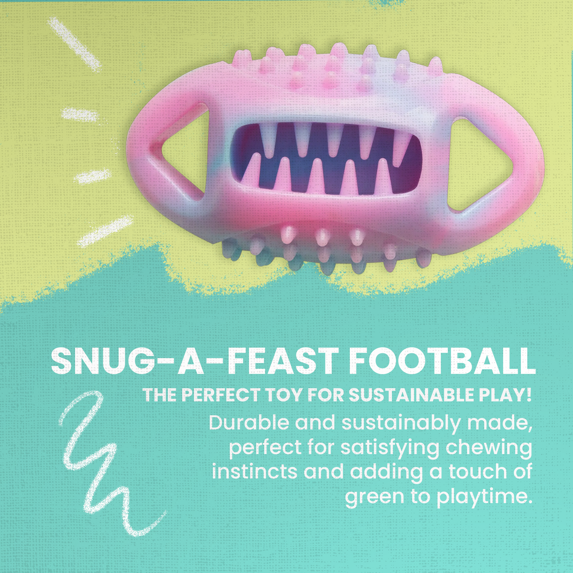 The Snugarooz Snug-A-Feast is a pink and purple silicone interactive treat toy with triangular holes at each end plus soft, rounded spikes along the sides and inside the center opening.