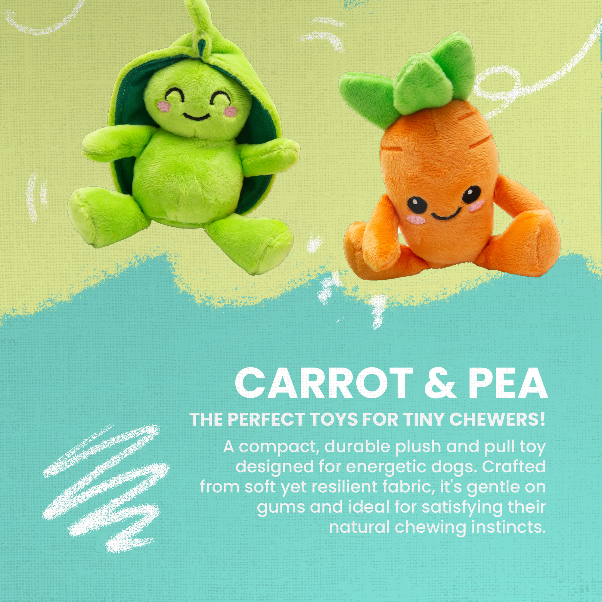 The Snugarooz Pea and Carrot 2pk features an eco-friendly plush green pea pod and orange carrot, both upright with cheerful faces, perfect as dog toys for playful pups.