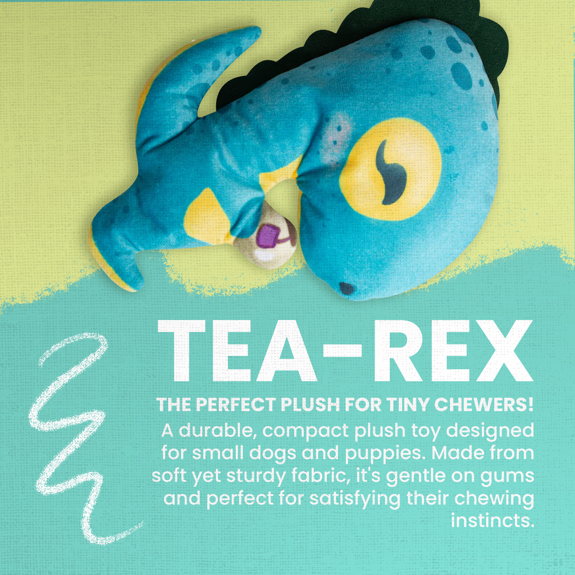 The Snugarooz Tea-Rex is a blue plush dinosaur toy with yellow spots, dark green spikes, and a purple and white egg. It features a smiling face and includes a fun crinkle squeaker inside.