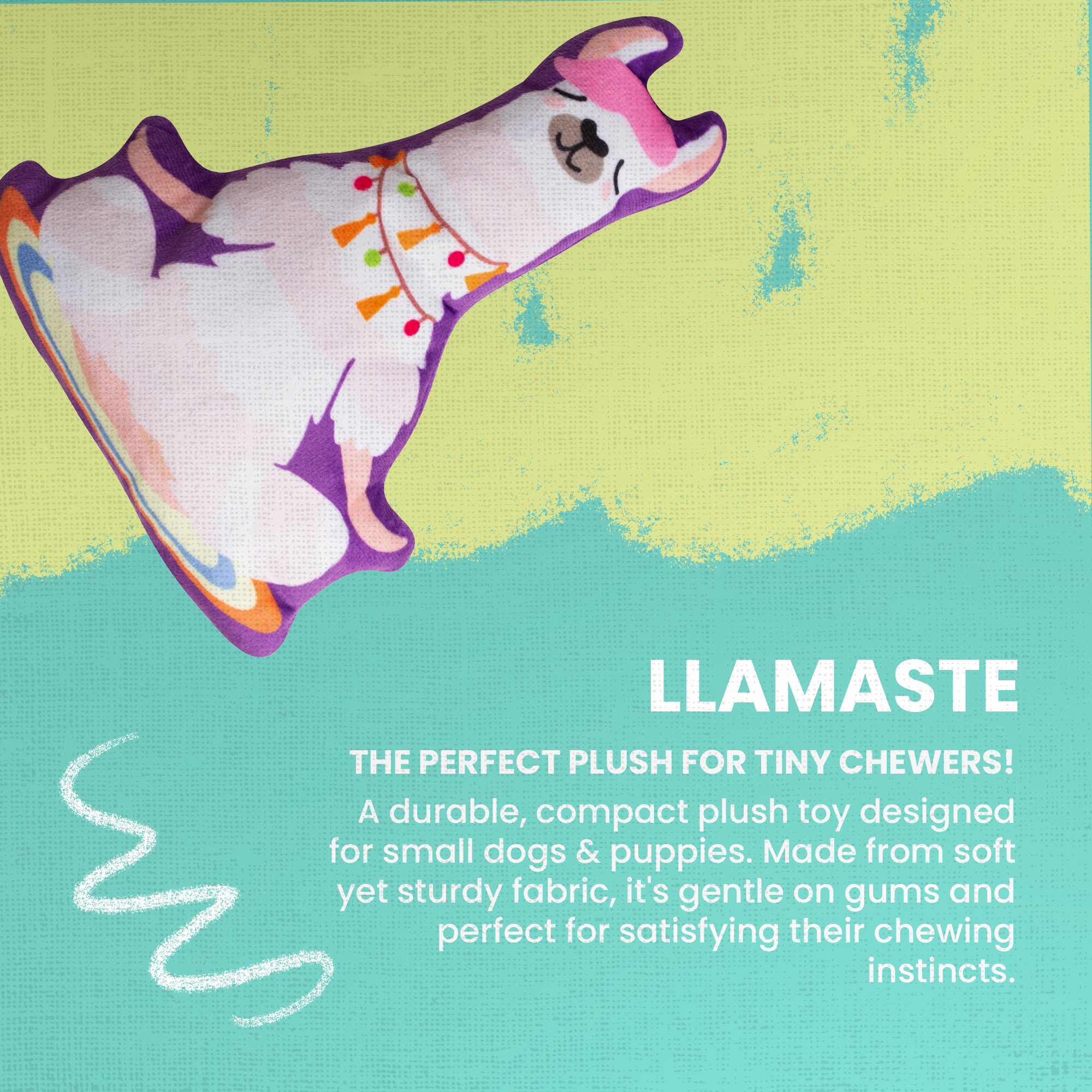 The Snugarooz Llamaste is a plush dog toy shaped like a cross-legged llama on a colorful mat with tassels and pom-poms. Pastel pink, white, and purple, it’s perfect for your pup’s playful zen moments.
