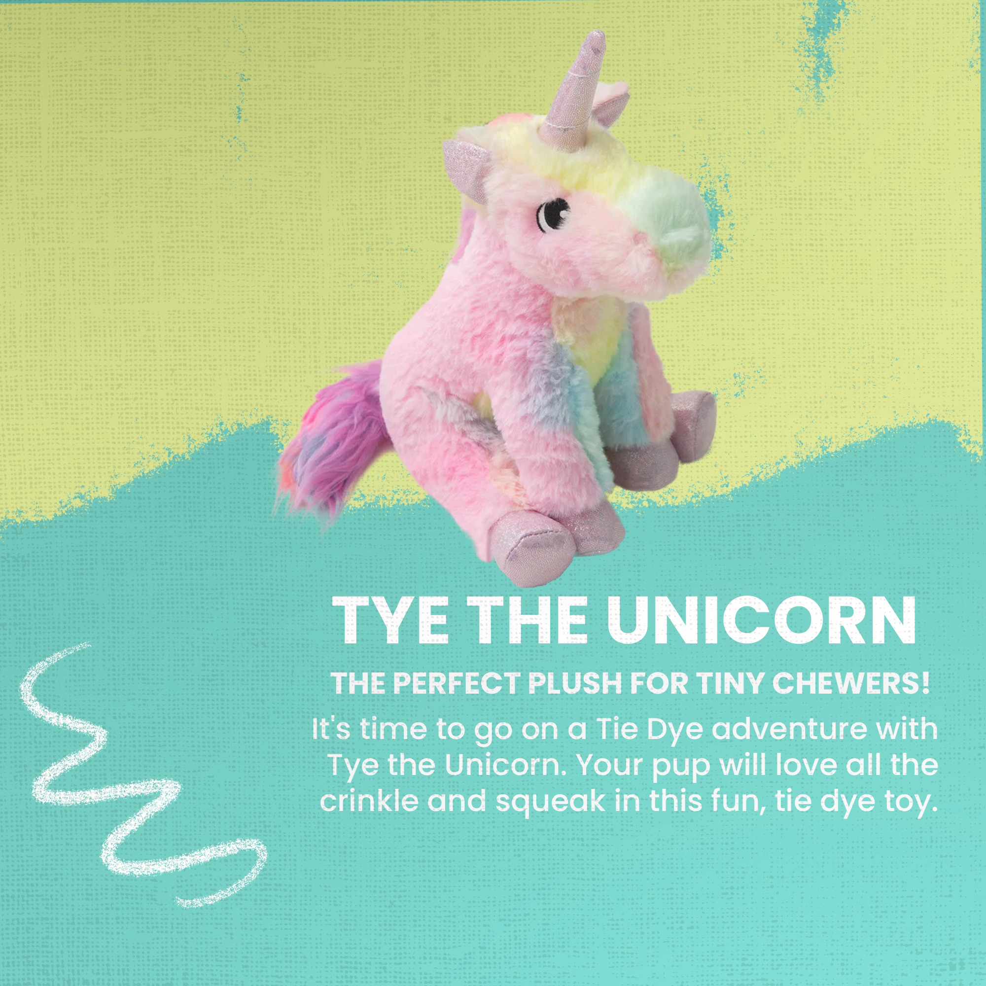 Snugarooz Tye the Unicorn is a plush dog toy with soft pastel rainbow colors, shiny purple horn and hooves, and a fluffy pink and purple tail—perfect as a squeaky toy for magical canine playtime.