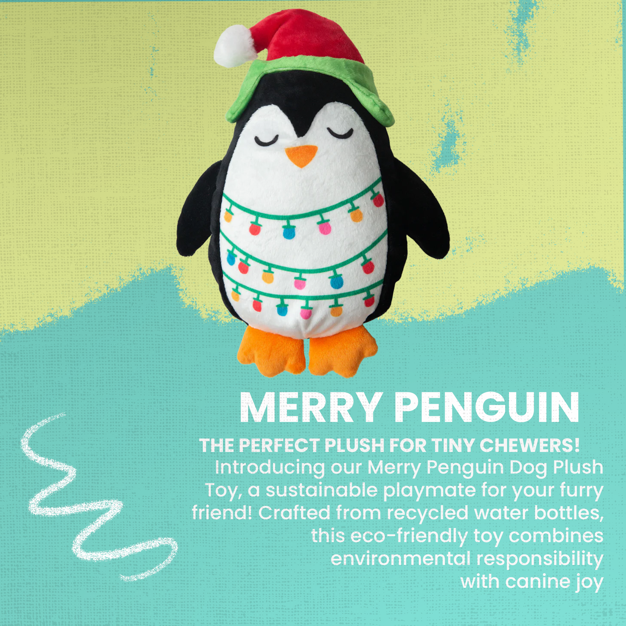The Snugarooz Merry Penguin is an adorable plush dog toy wearing a red Santa hat and colorful lights, standing on orange feet with closed eyesโan eco-friendly toy made from recycled water bottles.