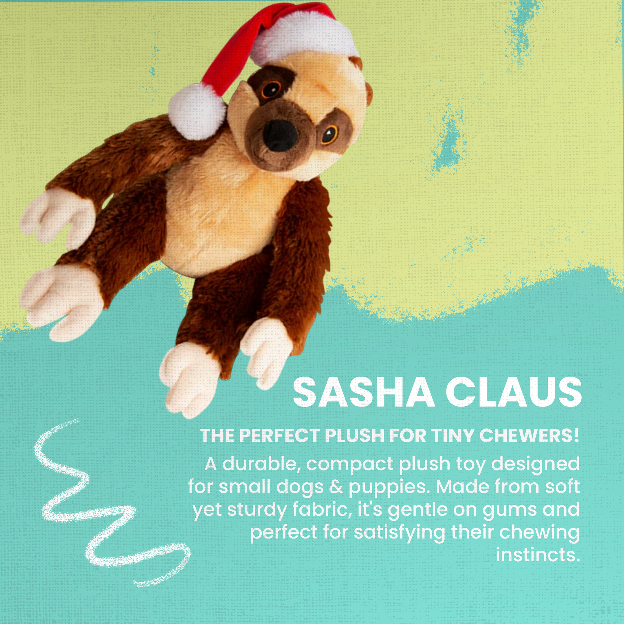 The Snugarooz Sasha Claus is a plush sloth dog toy with brown and beige fur wearing a red and white Santa hat. It sits upright with arms and legs spread out against a plain white background.