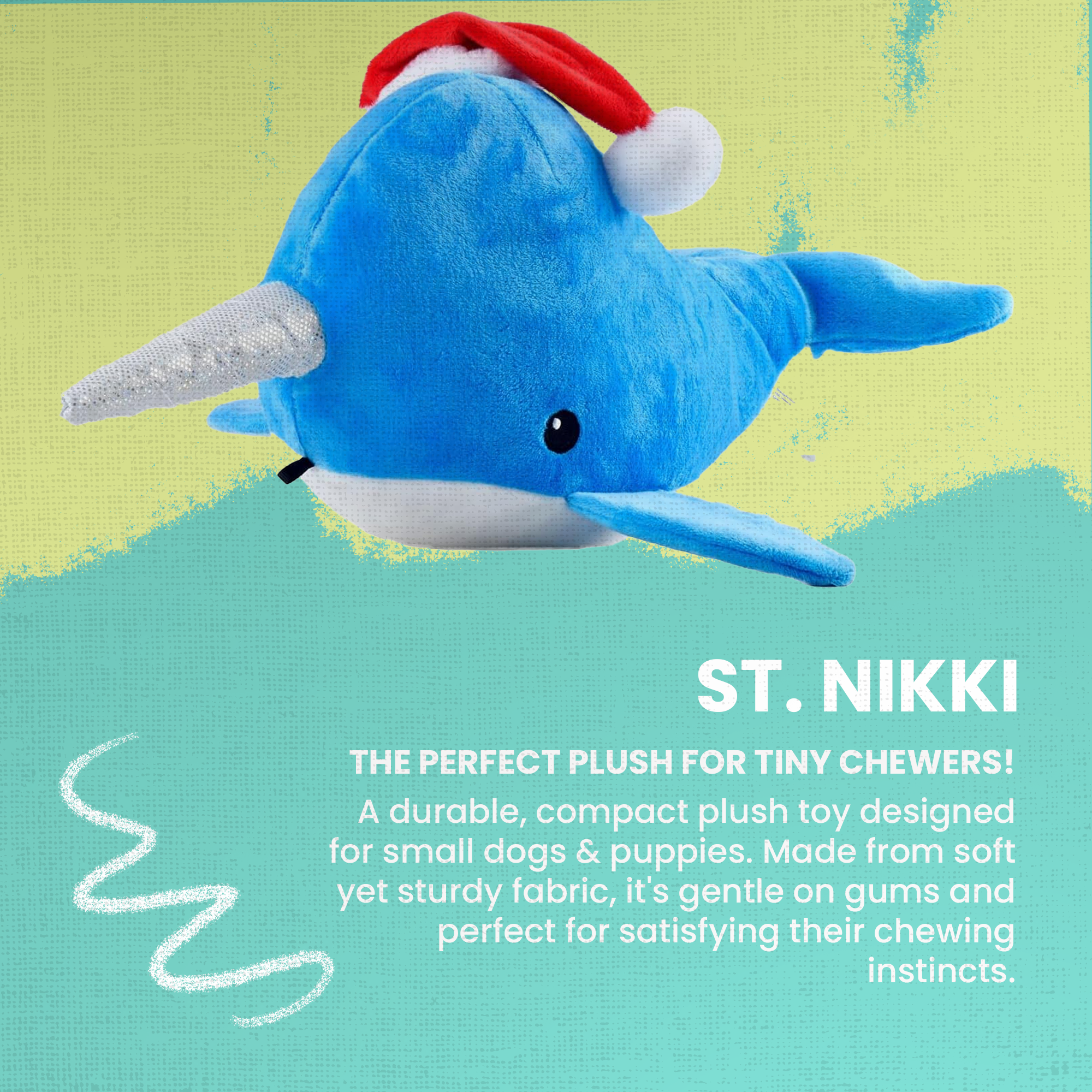 The Snugarooz St. Nikki is a blue and white plush narwhal dog toy with a red and white Santa hat and soft gray horn, shown against a plain white background.