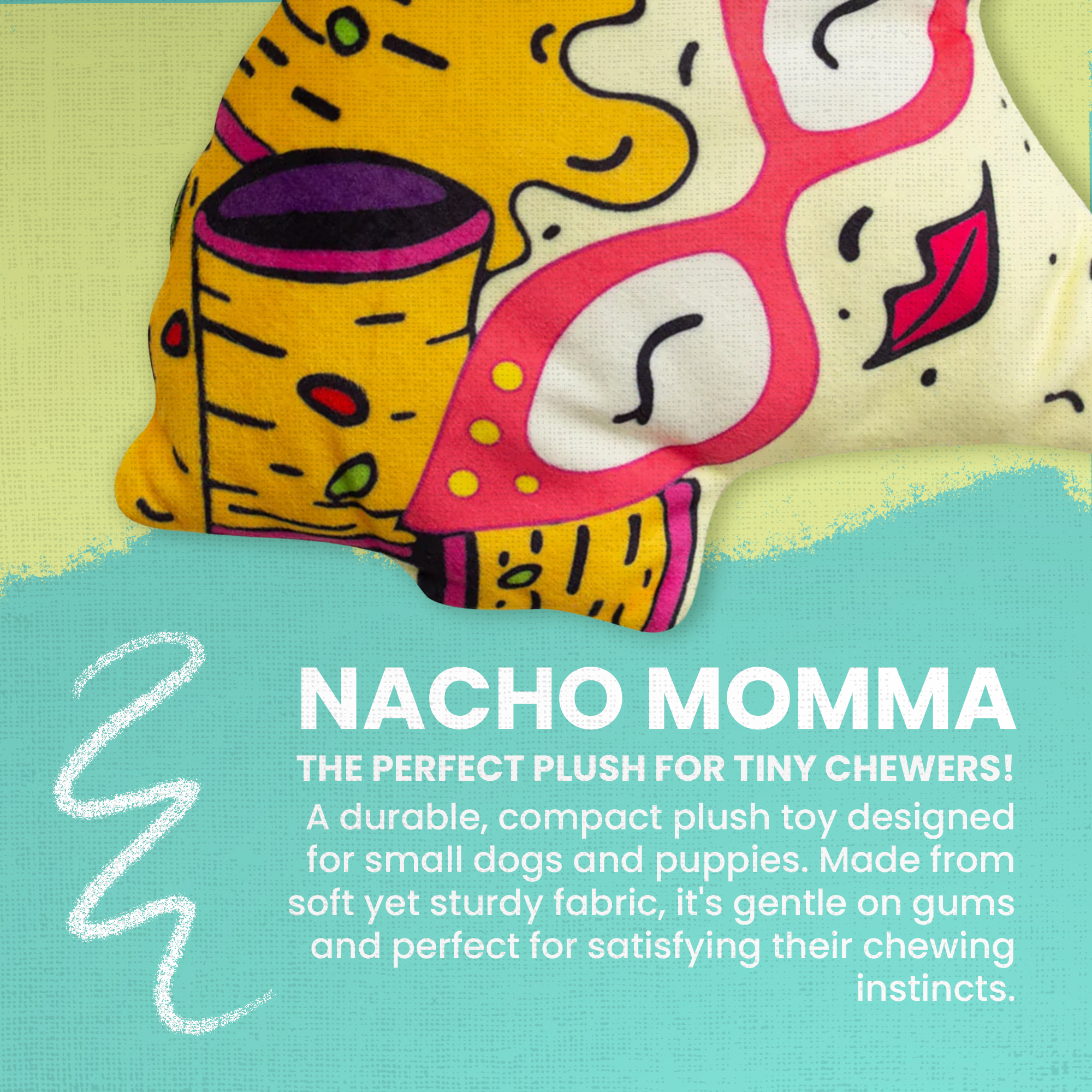 The Snugarooz Nacho Momma dog toy is a pizza slice plush with a cartoon face, pink glasses, red lips, cheesy hair, and colorful toppings. It features both crinkle and squeaker sounds to keep your pup entertained.