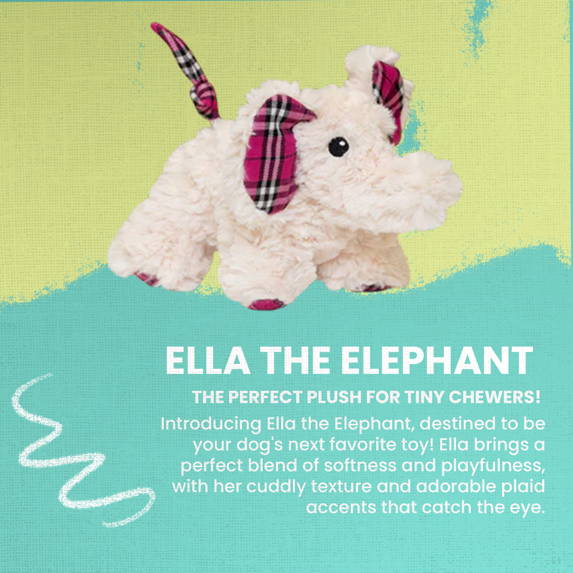Ella the Elephant by Snugarooz is an adorable, eco-friendly plush dog toy with cream fur, black button eyes, and pink plaid accents on its ears, tail, and feet—perfect for your pet.