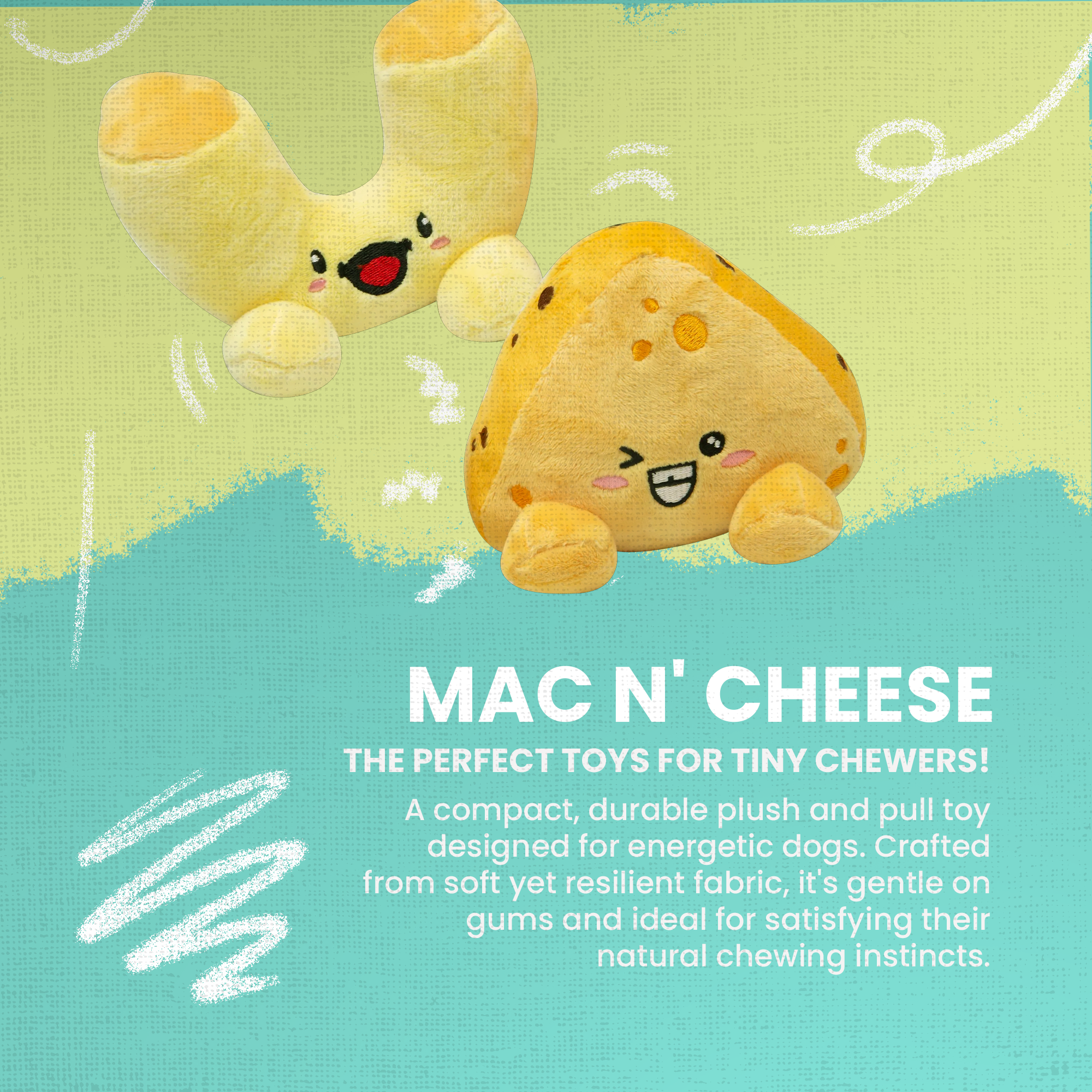 The Snugarooz Mac and Cheese 2pk features two adorable yellow plush toys—one U-shaped with a happy face and one triangular, both with round feet—perfect eco-friendly additions to your dog's toy collection.