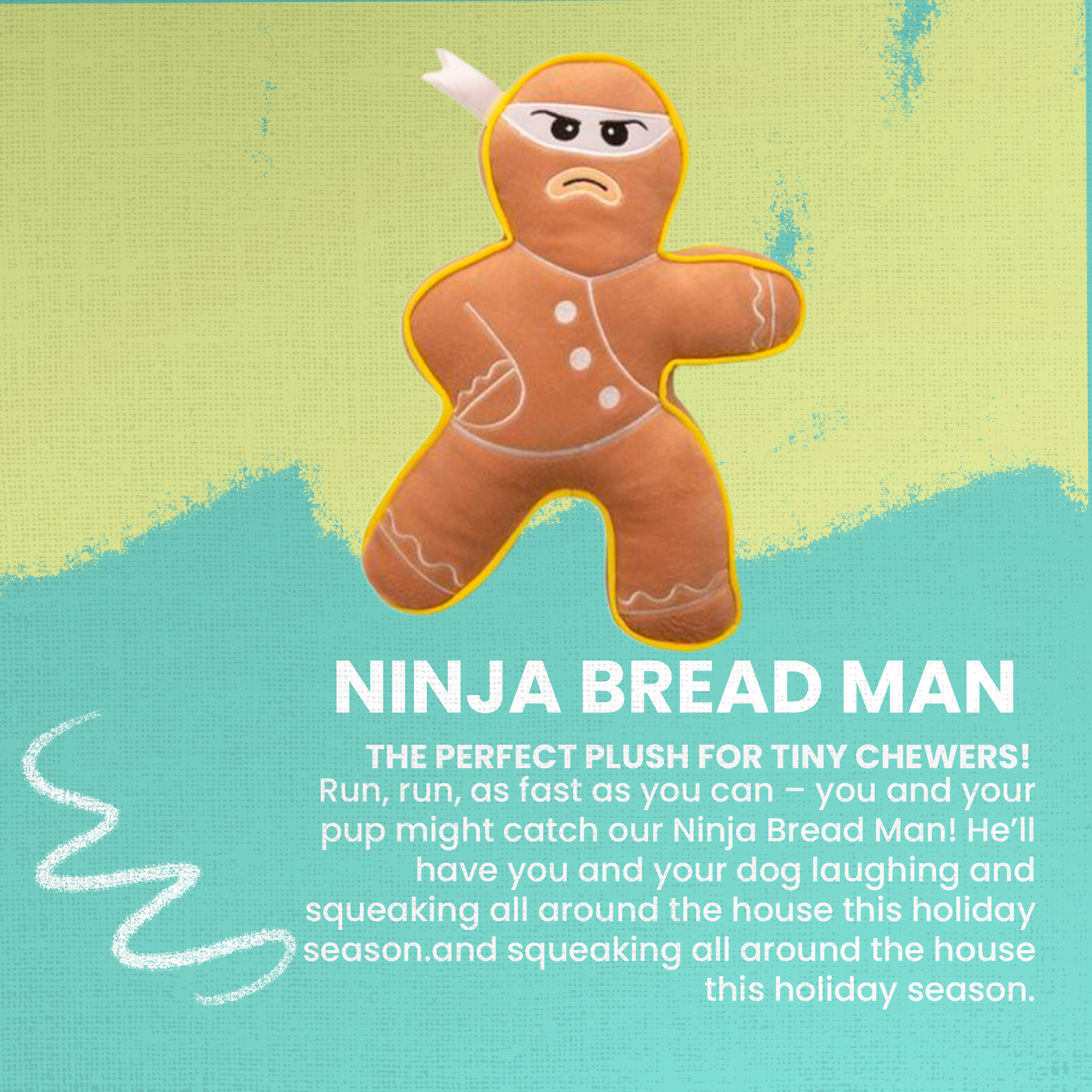 The Snugarooz Ninja Bread Man is a durable plush dog toy shaped like a gingerbread man, featuring a serious expression, white headband, yellow trim, and arched eyebrow for a ninja-like Christmas look.