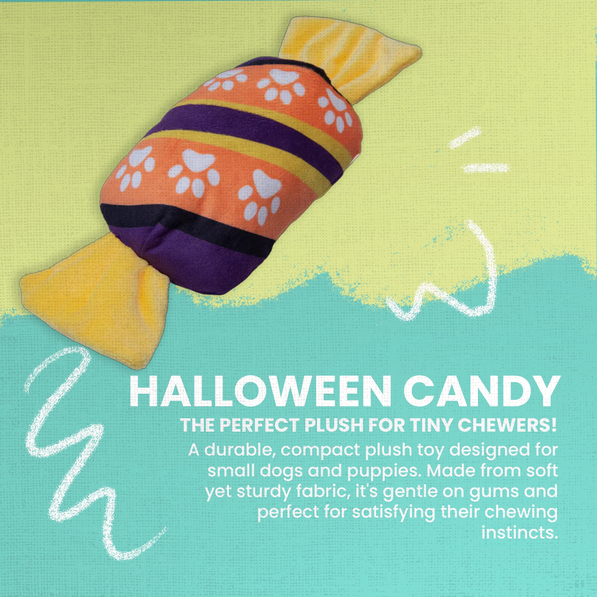 The Snugarooz Halloween Candy is a plush, eco-friendly dog toy shaped like wrapped candy, featuring orange, yellow, and purple with white paw prints and yellow ends—perfect for festive Halloween fun!.