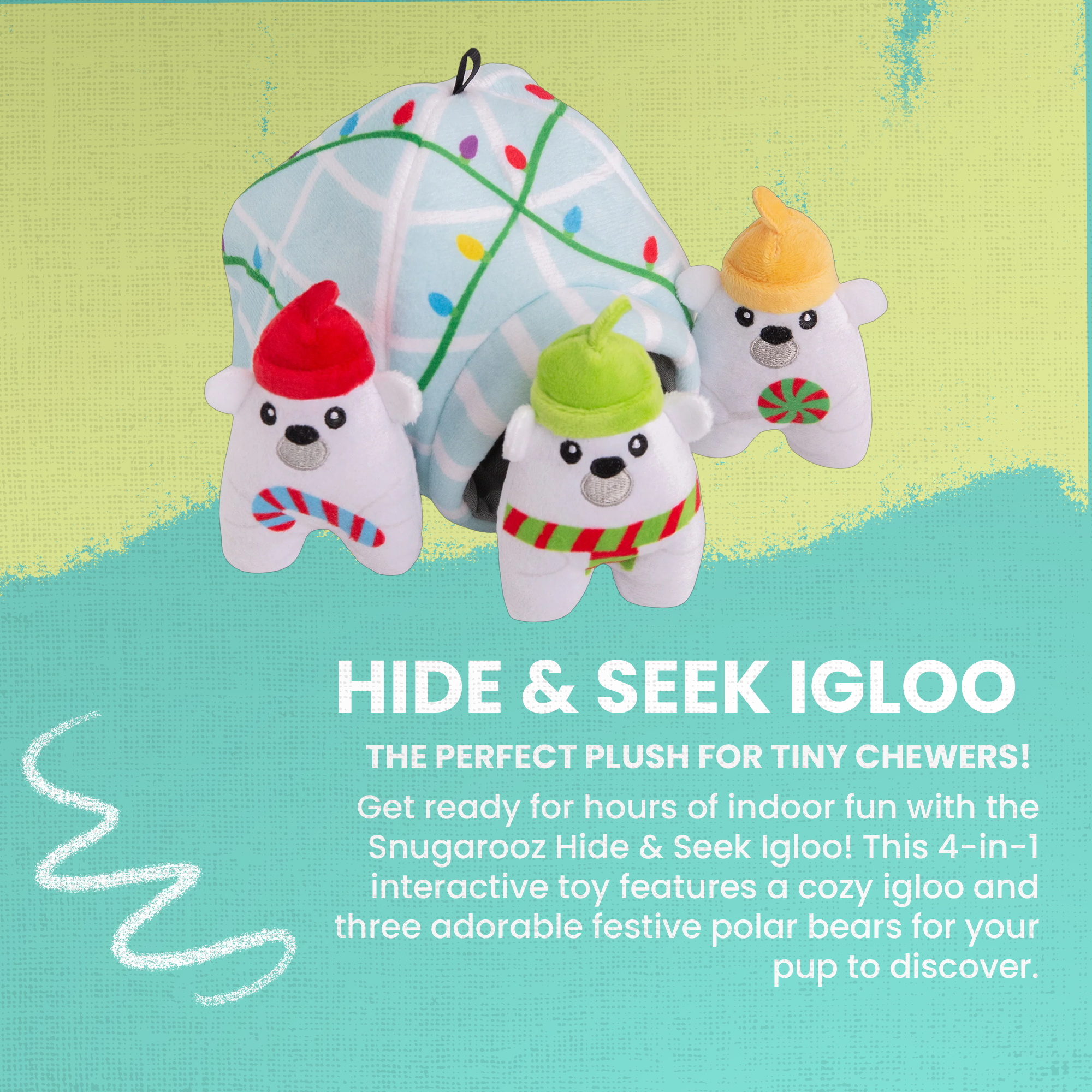 The Snugarooz Hide & Seek Igloo features three plush polar bears in festive hats and scarves, standing before a pastel blue igloo with Christmas lights. Hide treats inside for interactive, holiday fun with your pup!.