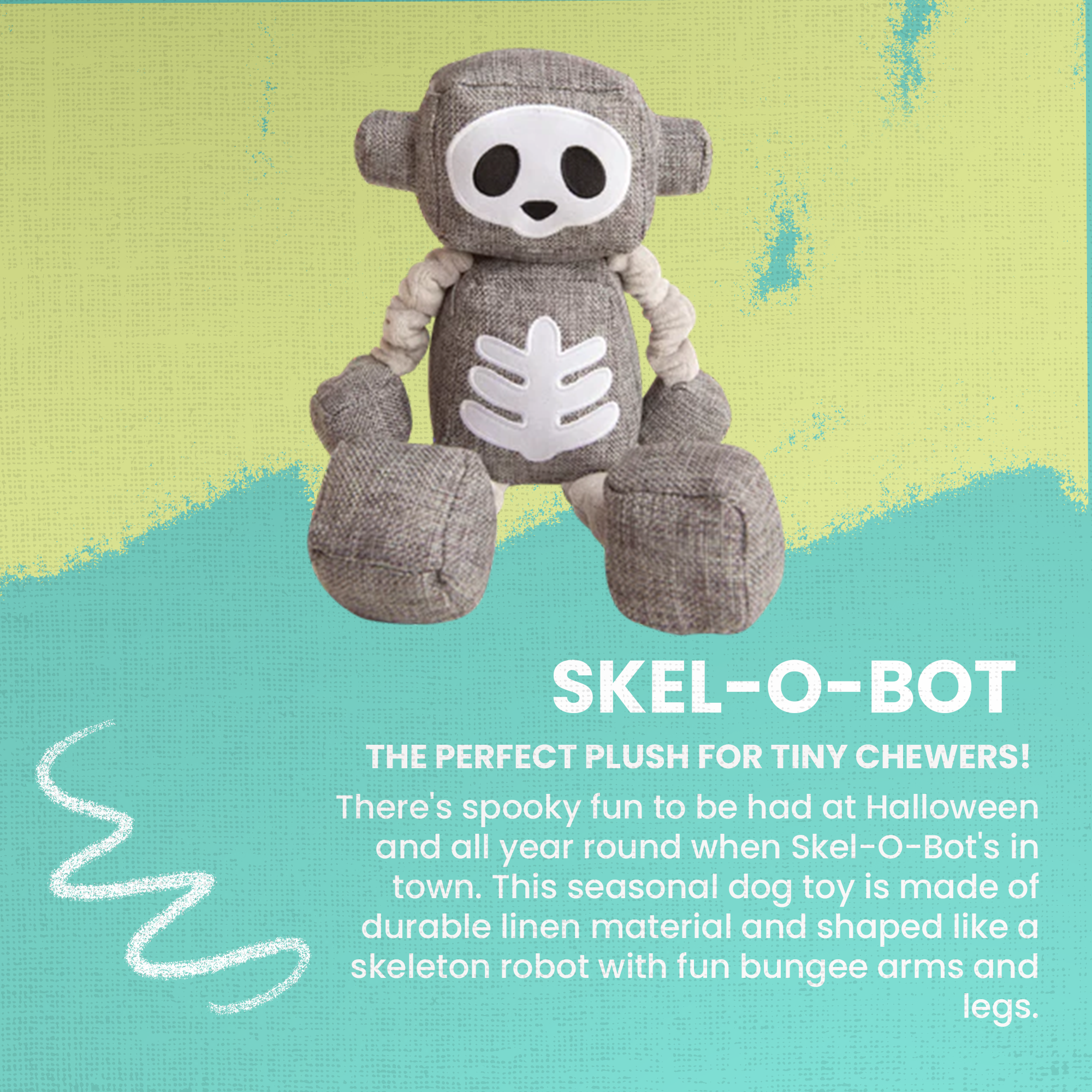 The Snugarooz Skel-O-Bot is a gray fabric dog toy with rope arms, square hands and feet, a round head, and a white bone-like design—durable and perfect for spooky Halloween fun.