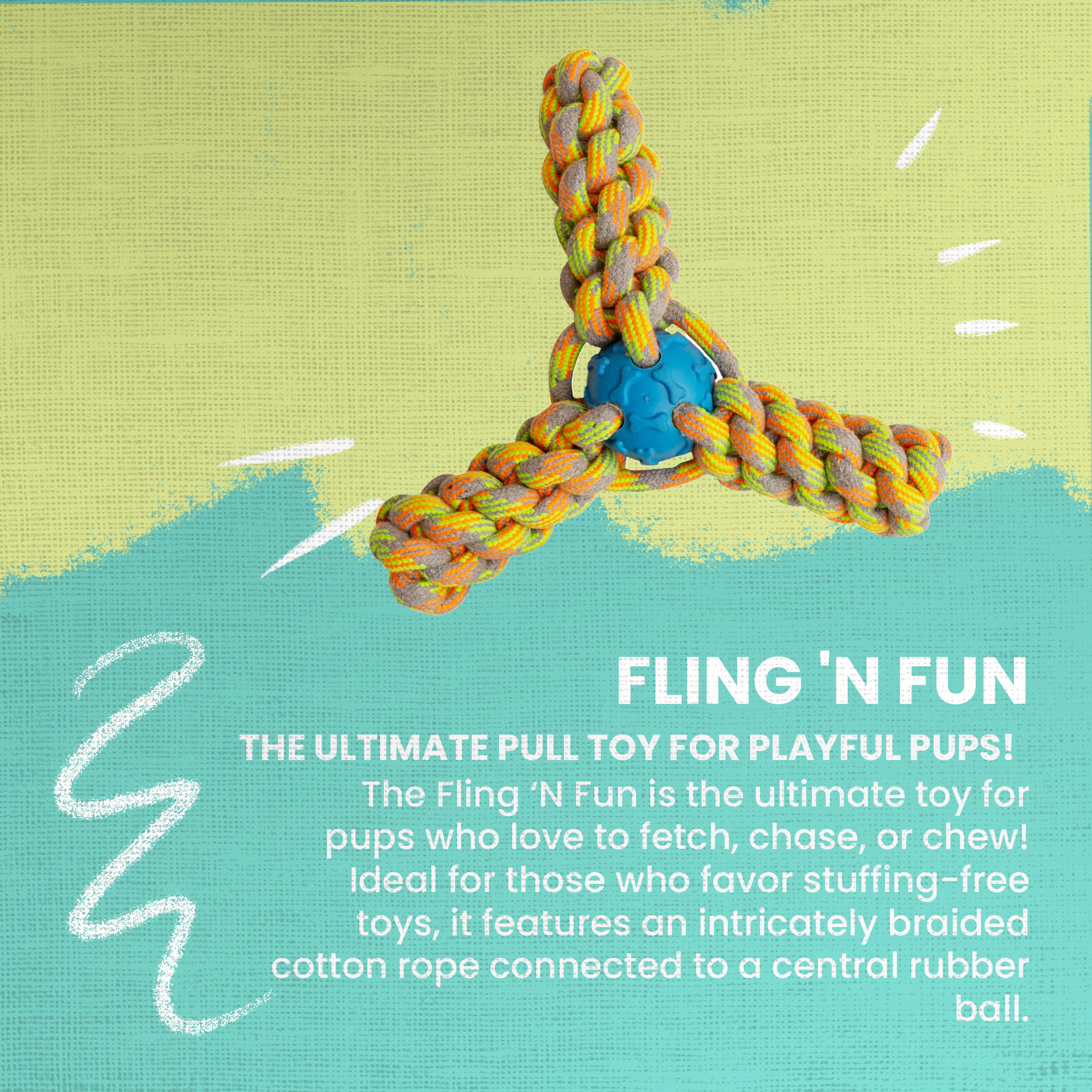 The Snugarooz Fling 'N Fun is a trident-shaped, durable dog chew toy made of braided orange, white, and yellow rope with a pink rubber center.