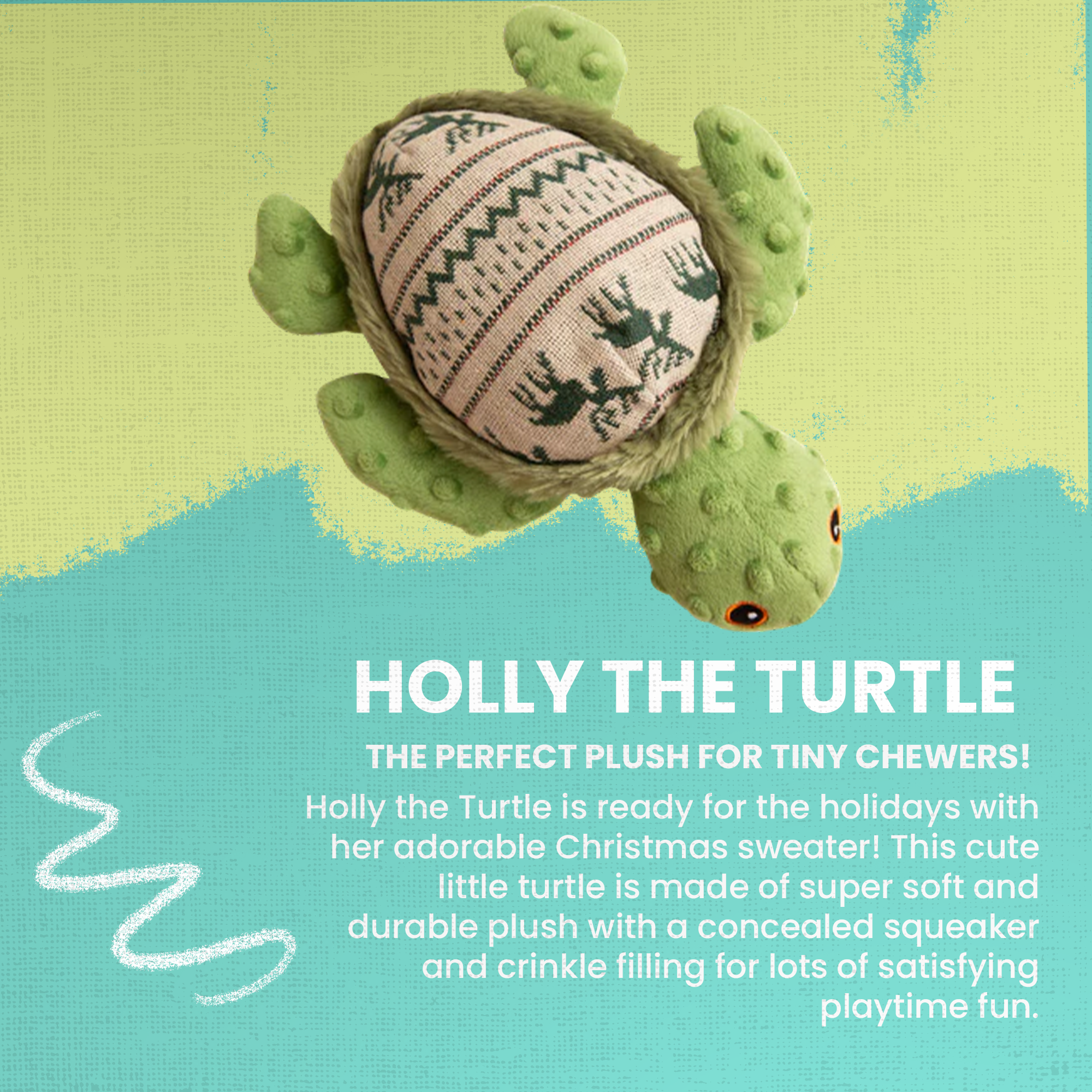 Snugarooz Holly the Turtle is a plush Christmas dog toy for medium dogs, featuring a green textured body, patterned shell, embroidered eyes, and fun animal designs. Soft and cuddly for festive playtime.