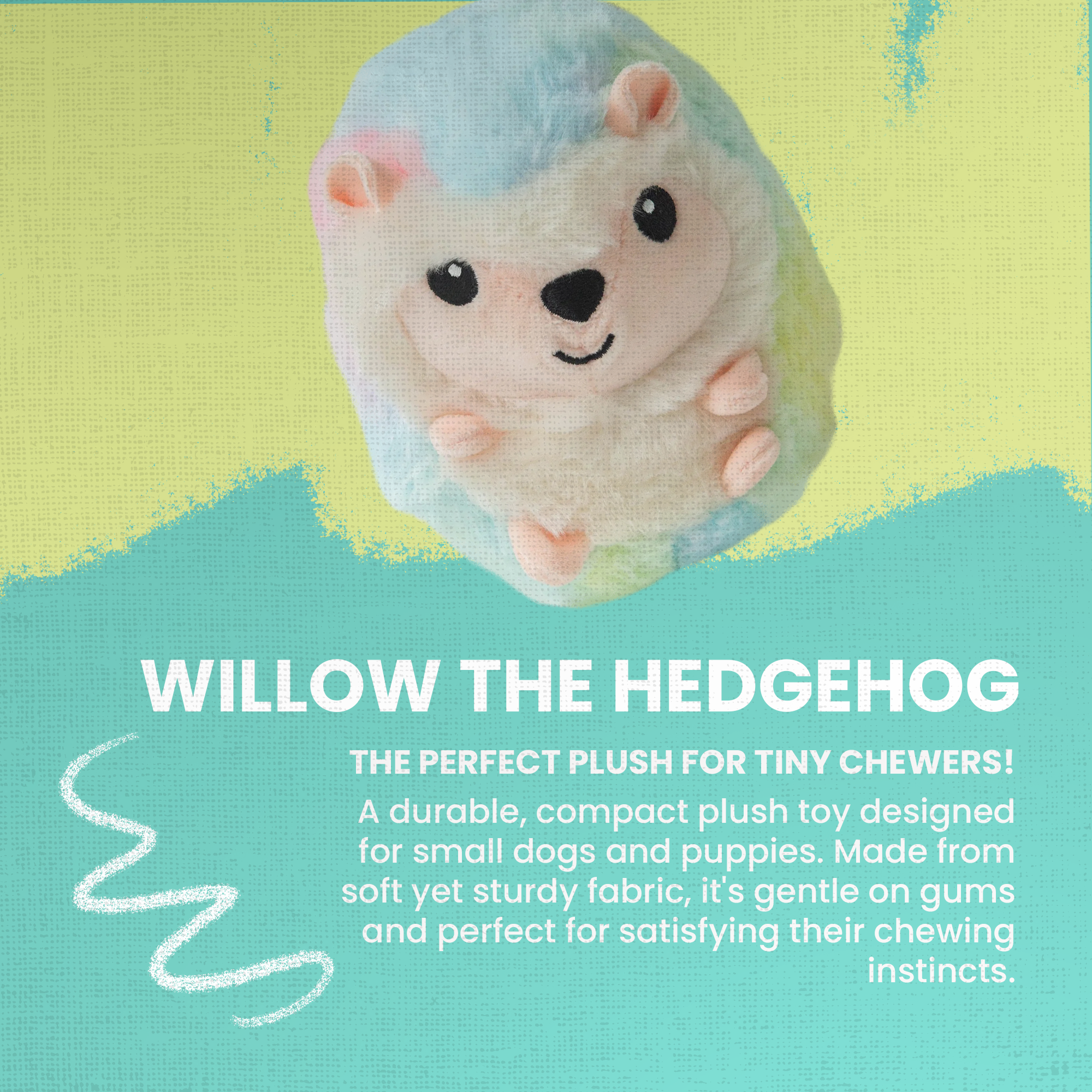 Willow the Hedgehog by Snugarooz is a plush dog toy with soft pastel blue, pink, yellow, and green fur. It features black eyes, a cute nose, and a smiling face—ideal as a cuddly and playful companion for your pup.