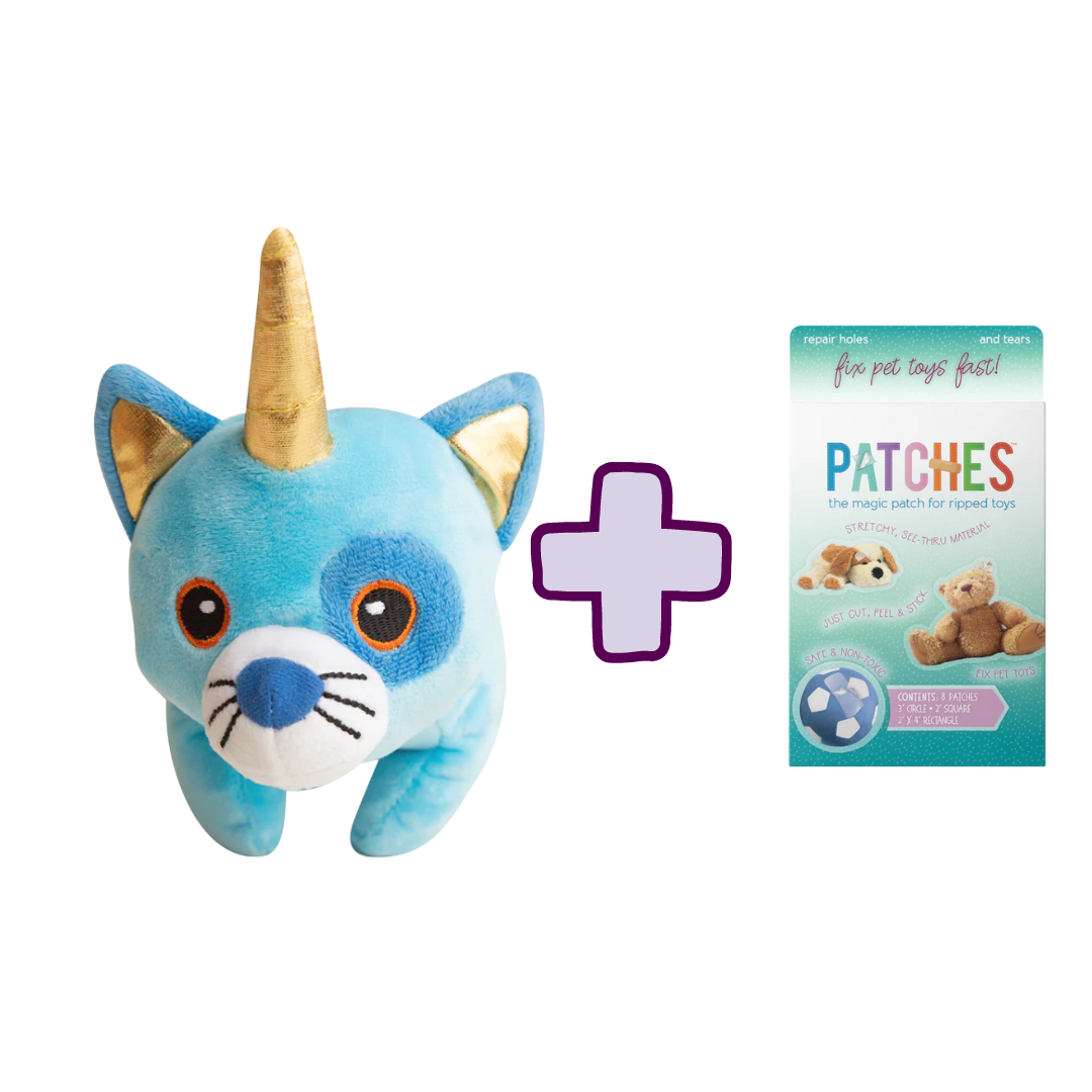 Kit the Caticorn + Patches by Snugarooz: A blue plush caticorn with a gold horn and orange patch beside a PATCHES packet featuring teddy bear images, separated by a purple plus sign.