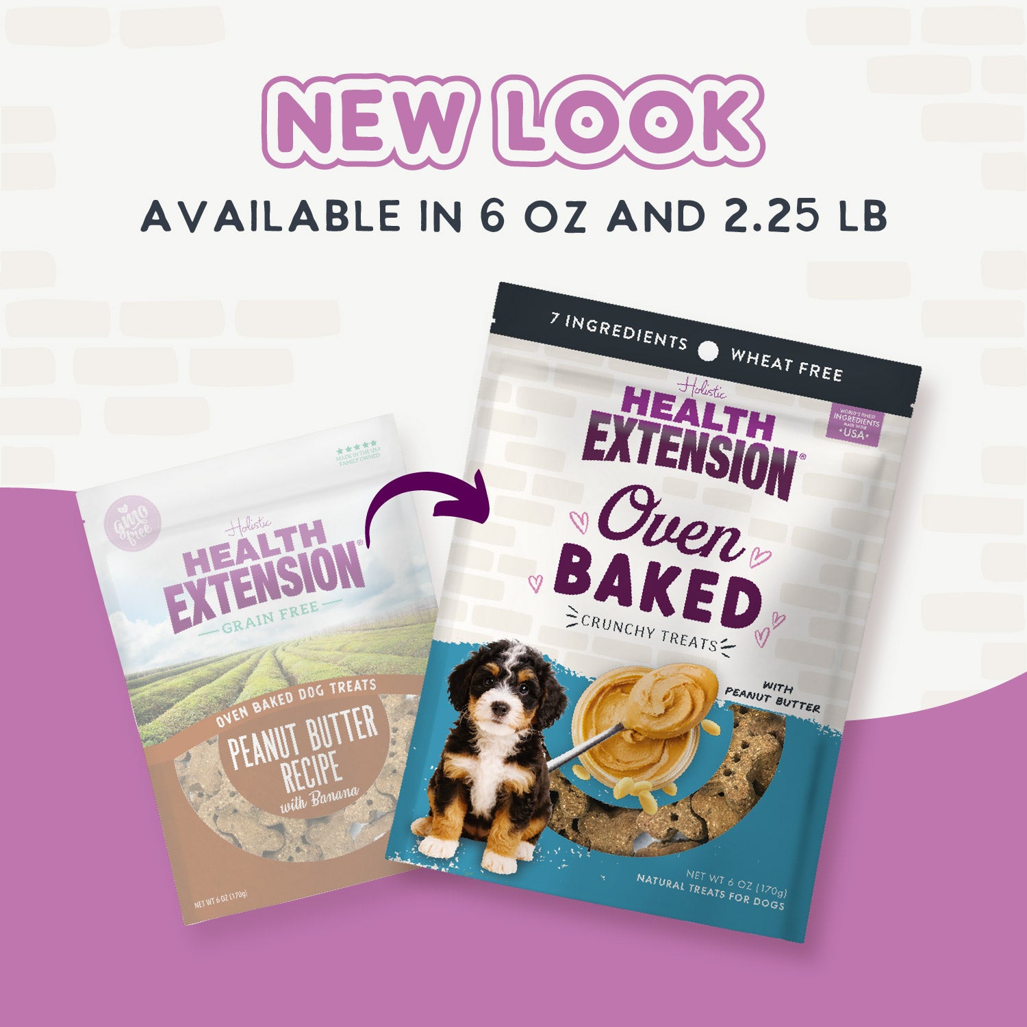 Health Extension Oven Baked Peanut Butter Treats are healthy, wheat-free dog snacks made with just 7 simple ingredients. The bag features a puppy, a bowl of peanut butter, and images of the treats.