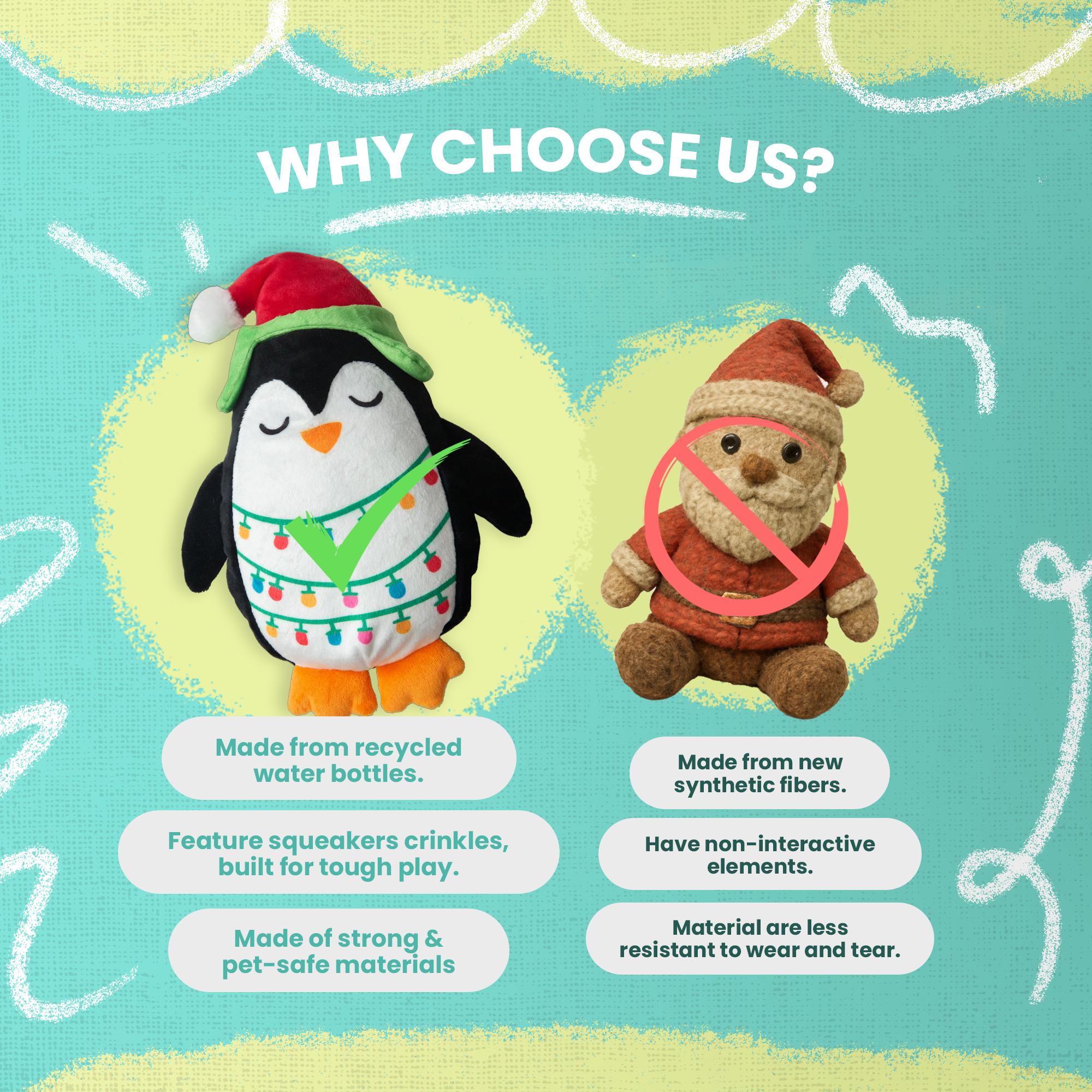 The Snugarooz Merry Penguin is an adorable plush dog toy wearing a red Santa hat and colorful lights, standing on orange feet with closed eyesโan eco-friendly toy made from recycled water bottles.