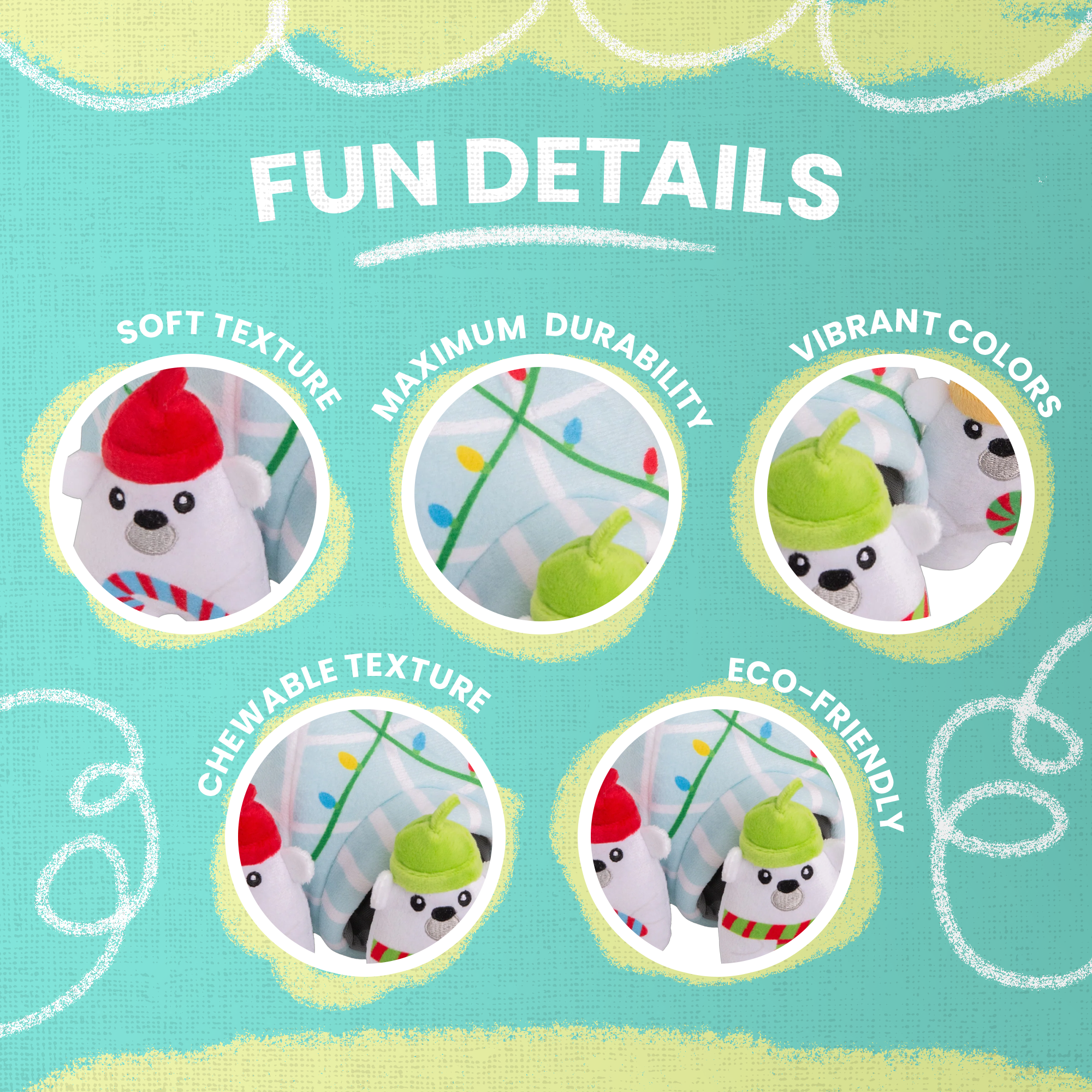 The Snugarooz Hide & Seek Igloo features three plush polar bears in festive hats and scarves, standing before a pastel blue igloo with Christmas lights. Hide treats inside for interactive, holiday fun with your pup!.