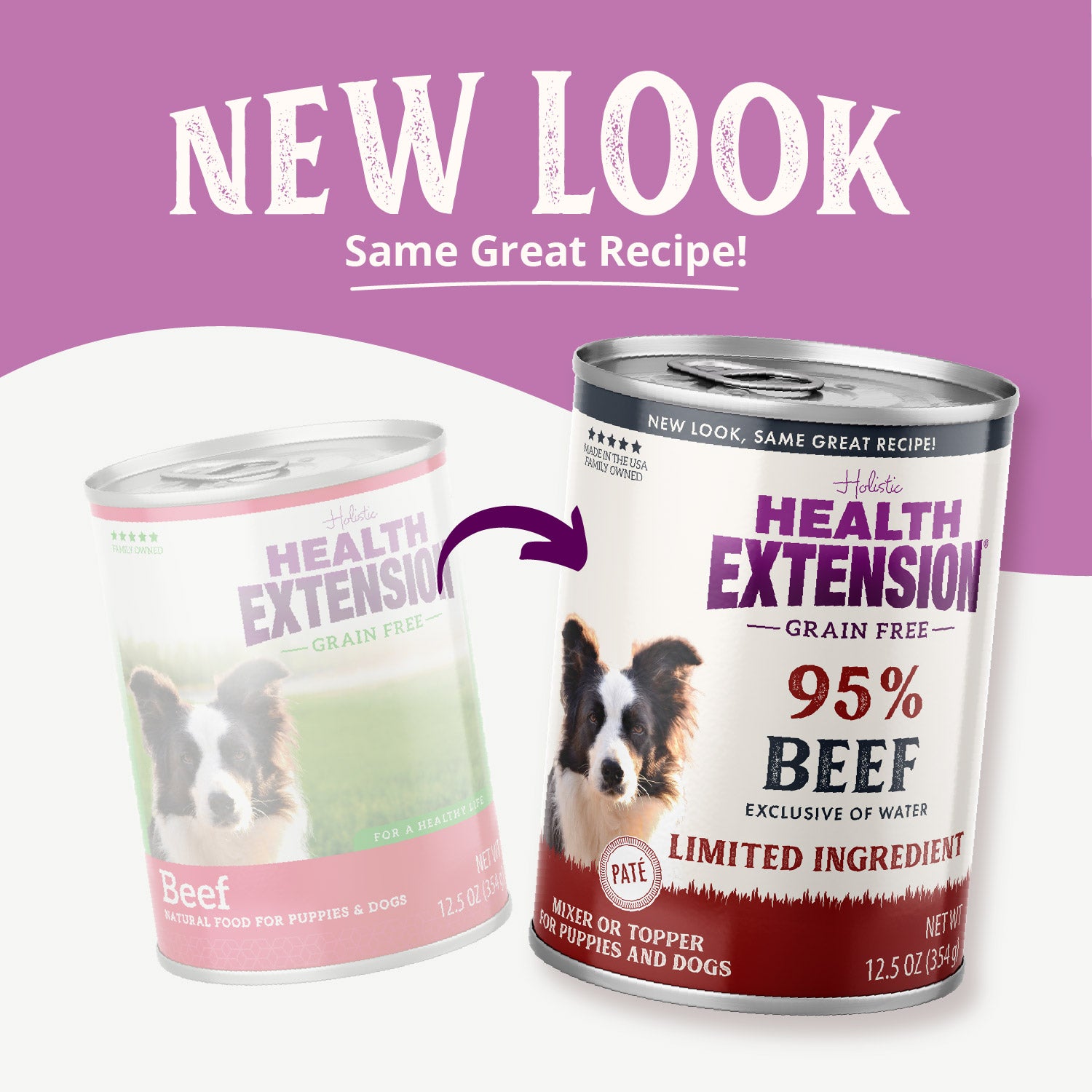Health Extension Grain Free 95% Beef is a limited-ingredient dog food for puppies and adults, featuring a Border Collie on the label. Each 12.5 oz (354g) can makes a great topper for your dog's meal.