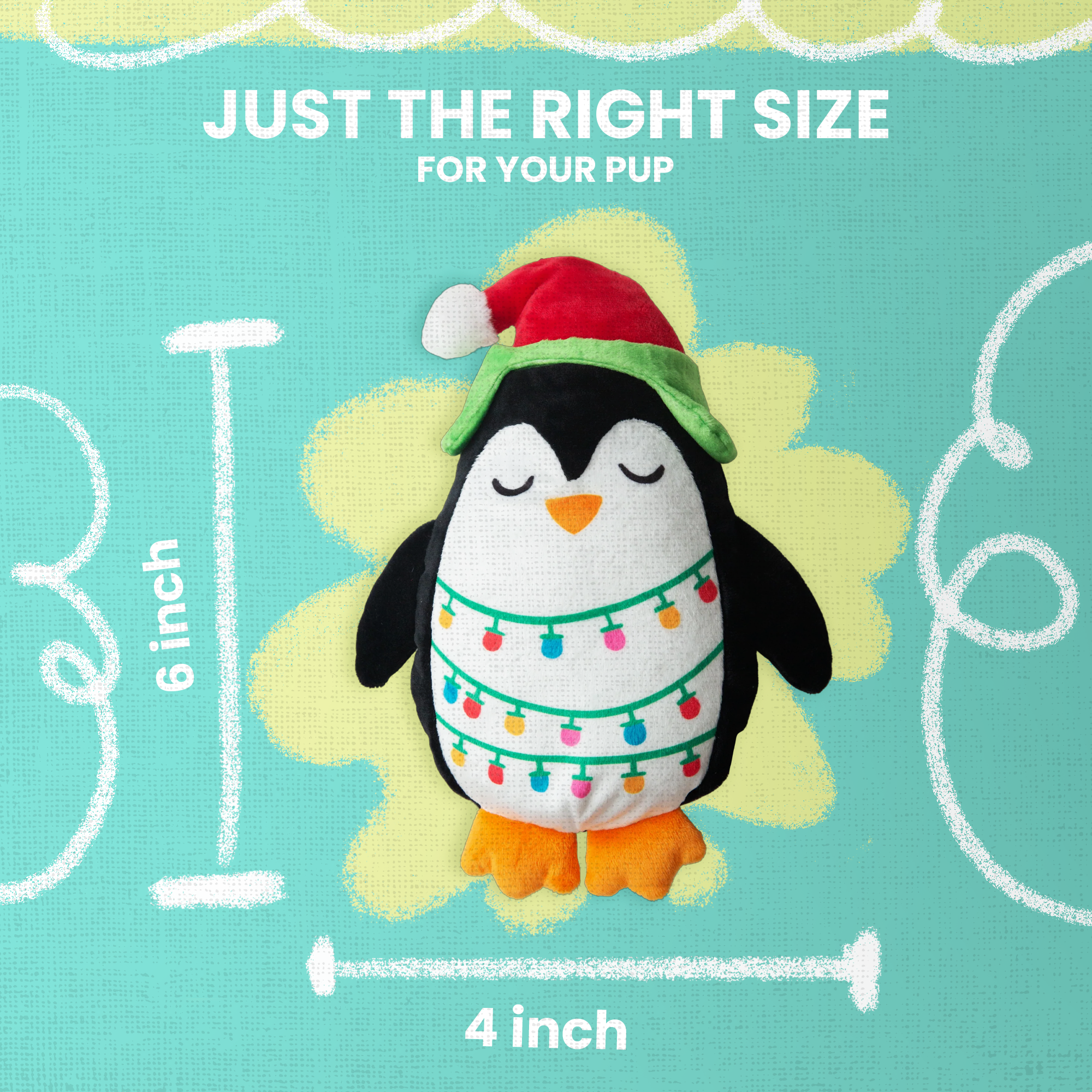 The Snugarooz Merry Penguin is an adorable plush dog toy wearing a red Santa hat and colorful lights, standing on orange feet with closed eyesโan eco-friendly toy made from recycled water bottles.