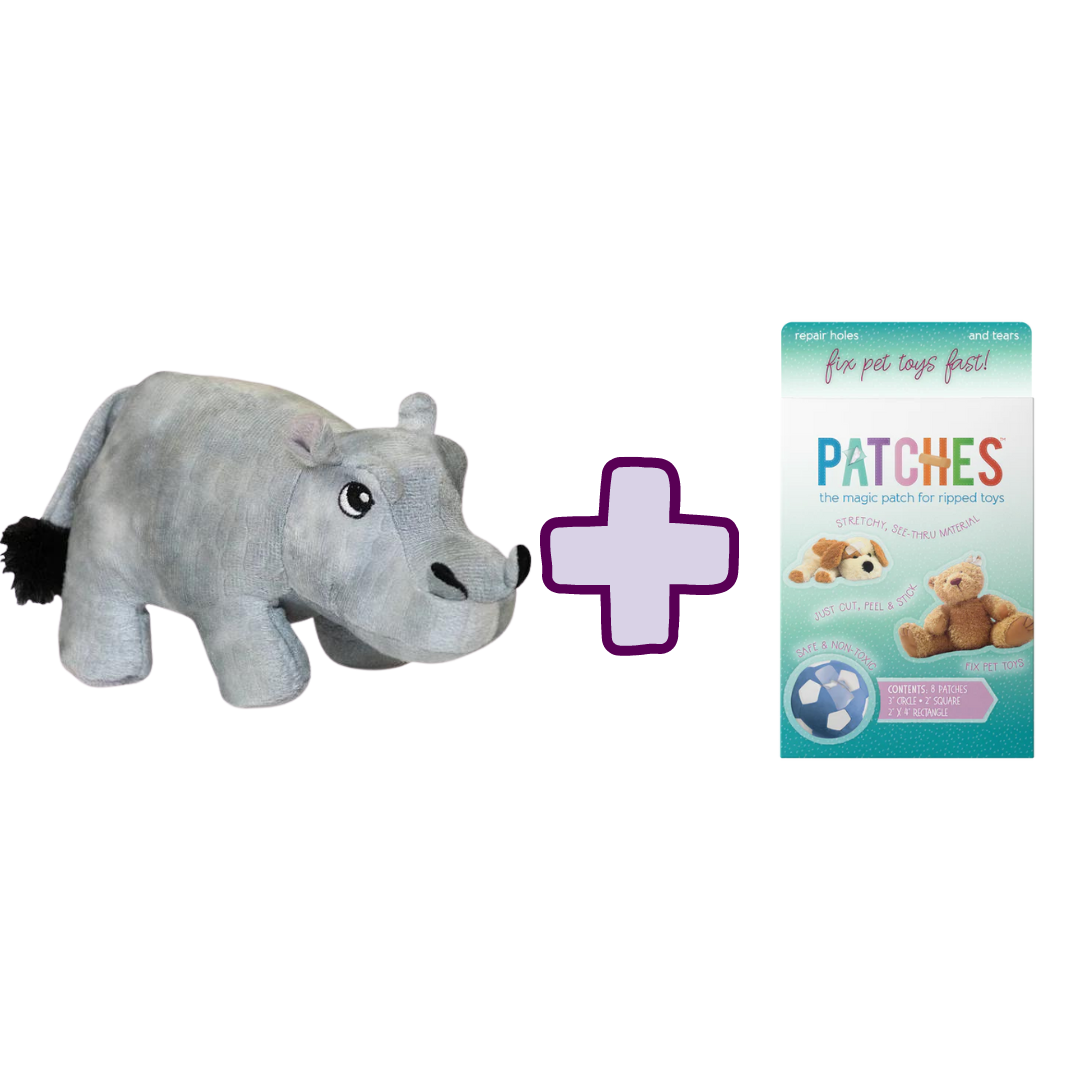Hank the Hippo plush toy from Snugarooz is shown with a plus sign and a PATCHES repair kit box for fixing pet toys, all set against a white background.