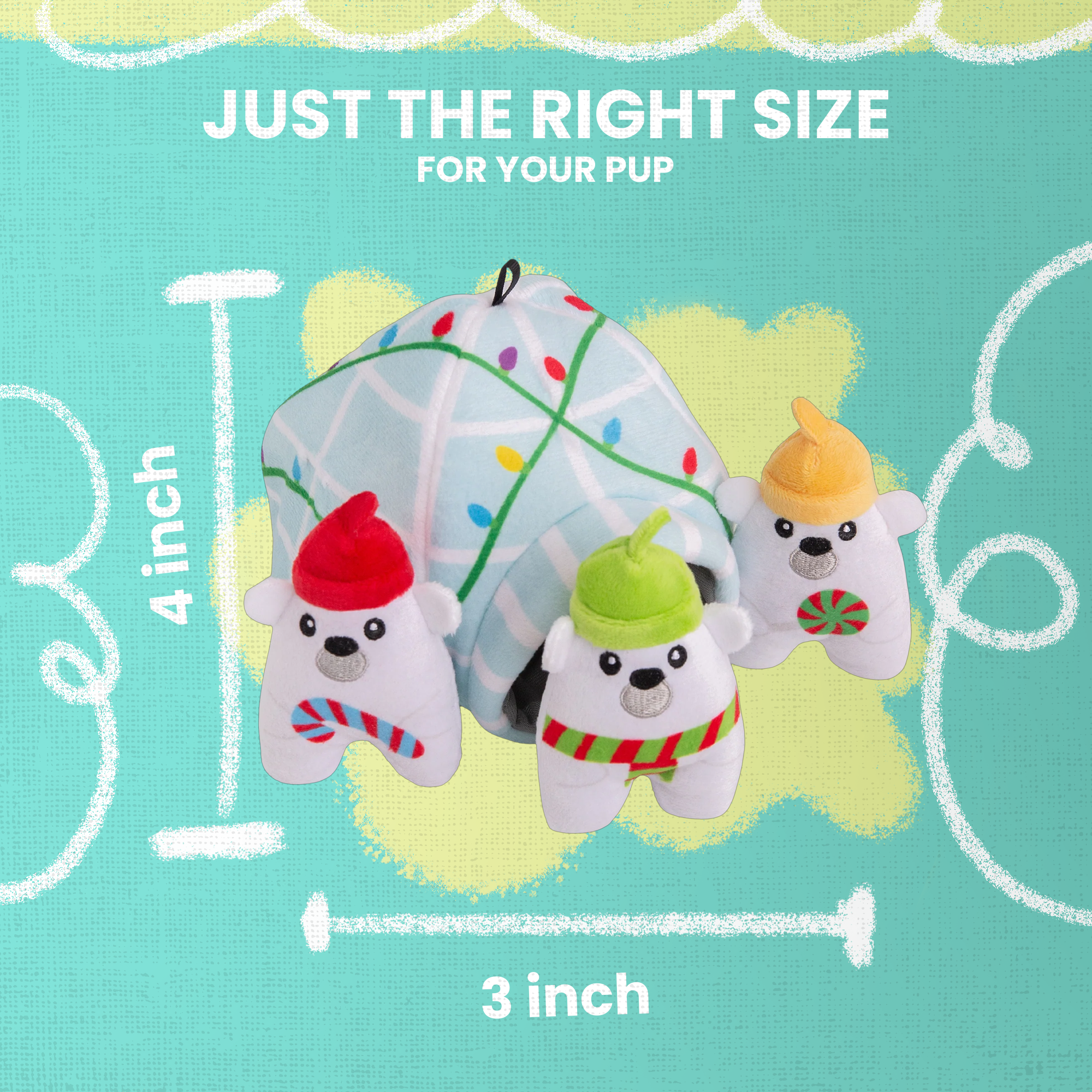The Snugarooz Hide & Seek Igloo features three plush polar bears in festive hats and scarves, standing before a pastel blue igloo with Christmas lights. Hide treats inside for interactive, holiday fun with your pup!.
