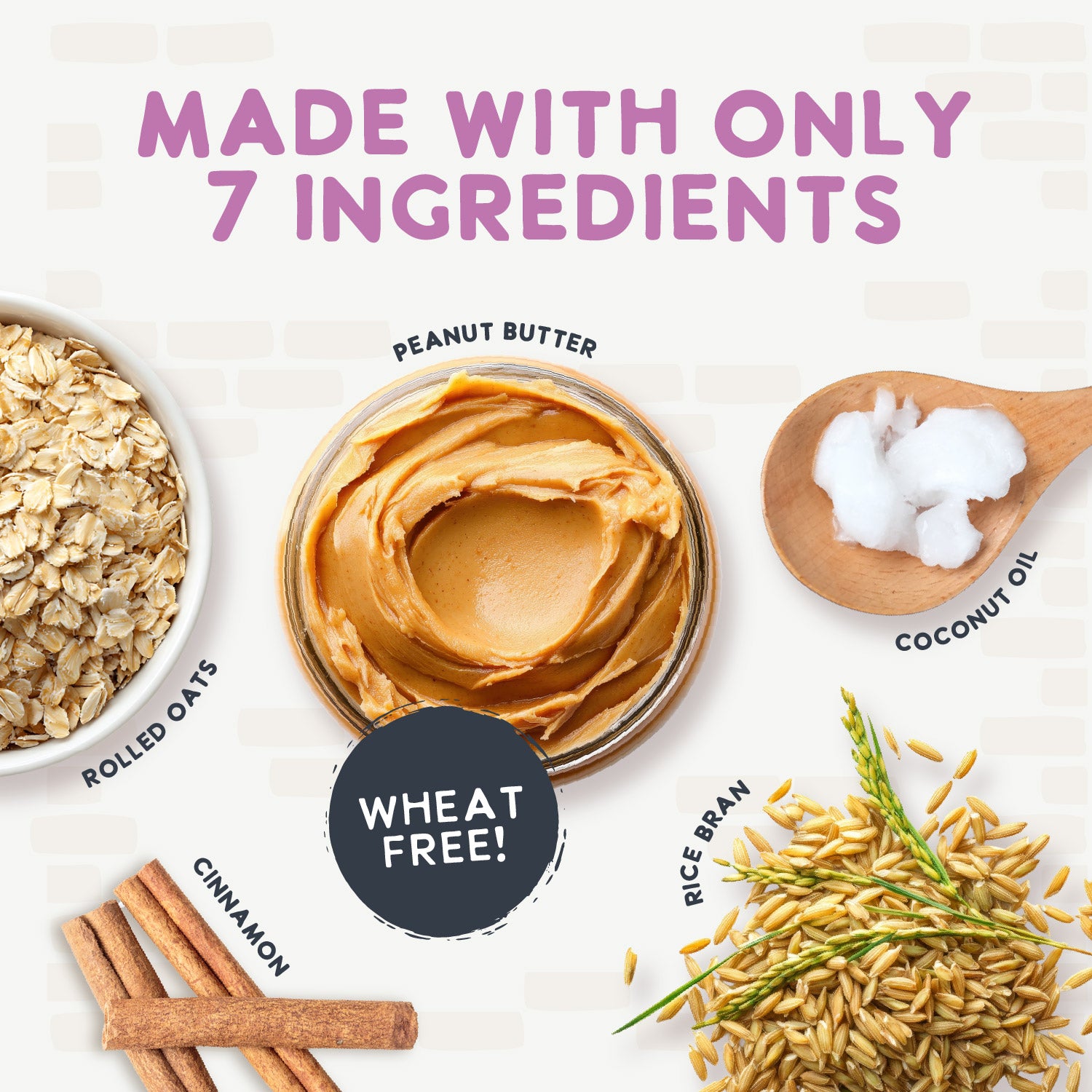 Health Extension Oven Baked Peanut Butter Treats are healthy, wheat-free dog snacks made with just 7 simple ingredients. The bag features a puppy, a bowl of peanut butter, and images of the treats.