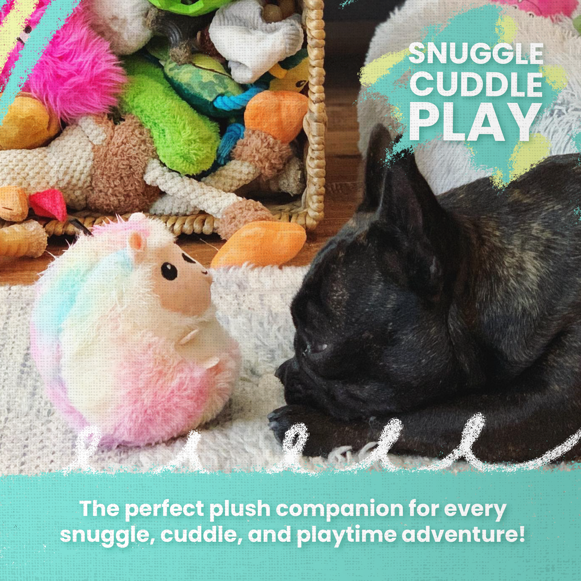 The Snugarooz Hide & Seek Igloo features three plush polar bears in festive hats and scarves, standing before a pastel blue igloo with Christmas lights. Hide treats inside for interactive, holiday fun with your pup!.