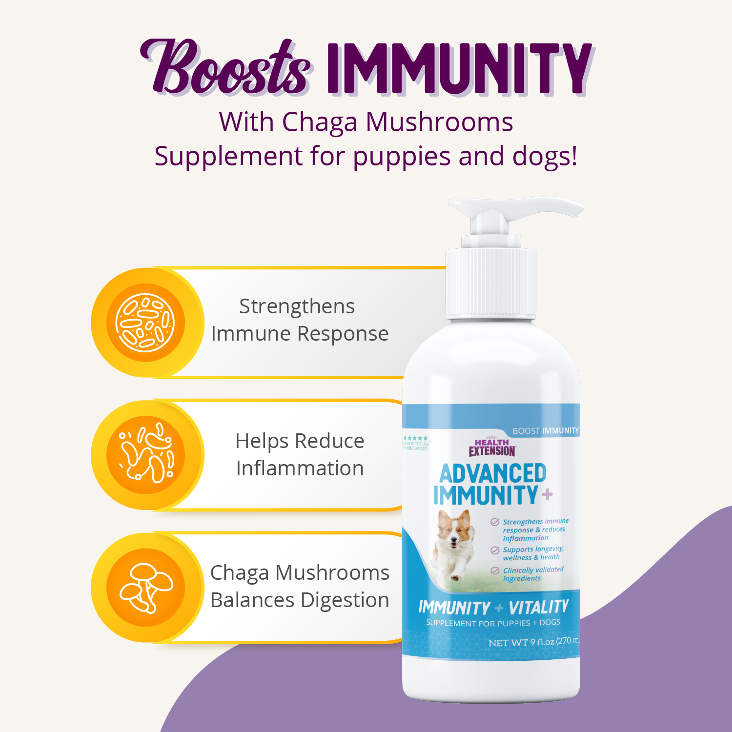 A bottle and box of Health Extension Advanced Immunity+ supplement for dogs, featuring a happy dog running and text highlighting immunity and vitality. Packaging is white and blue with purple and teal accents.