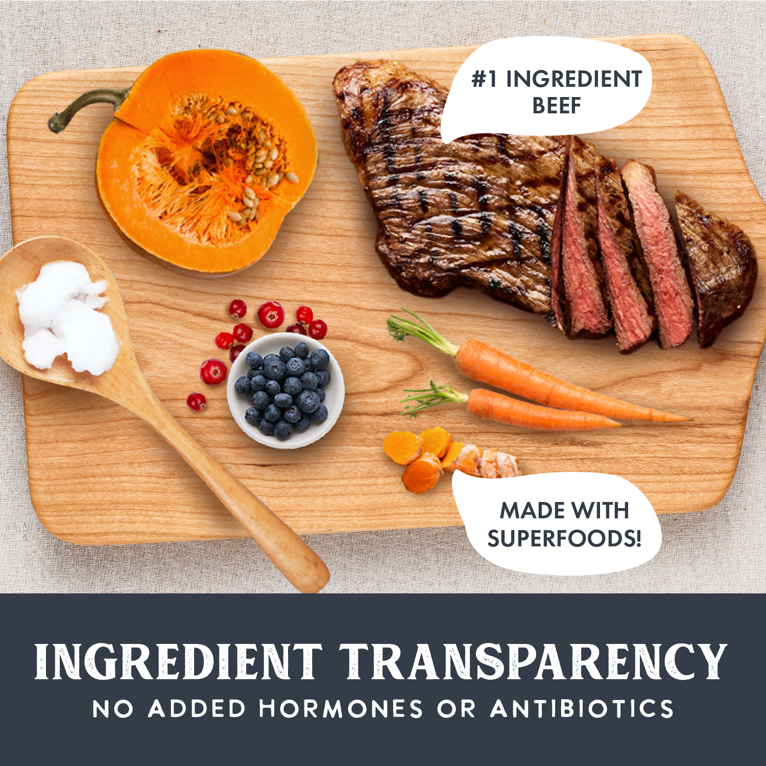 High-quality ingredients for Health Extension dog food displayed, featuring beef as the #1 ingredient, alongside superfoods.