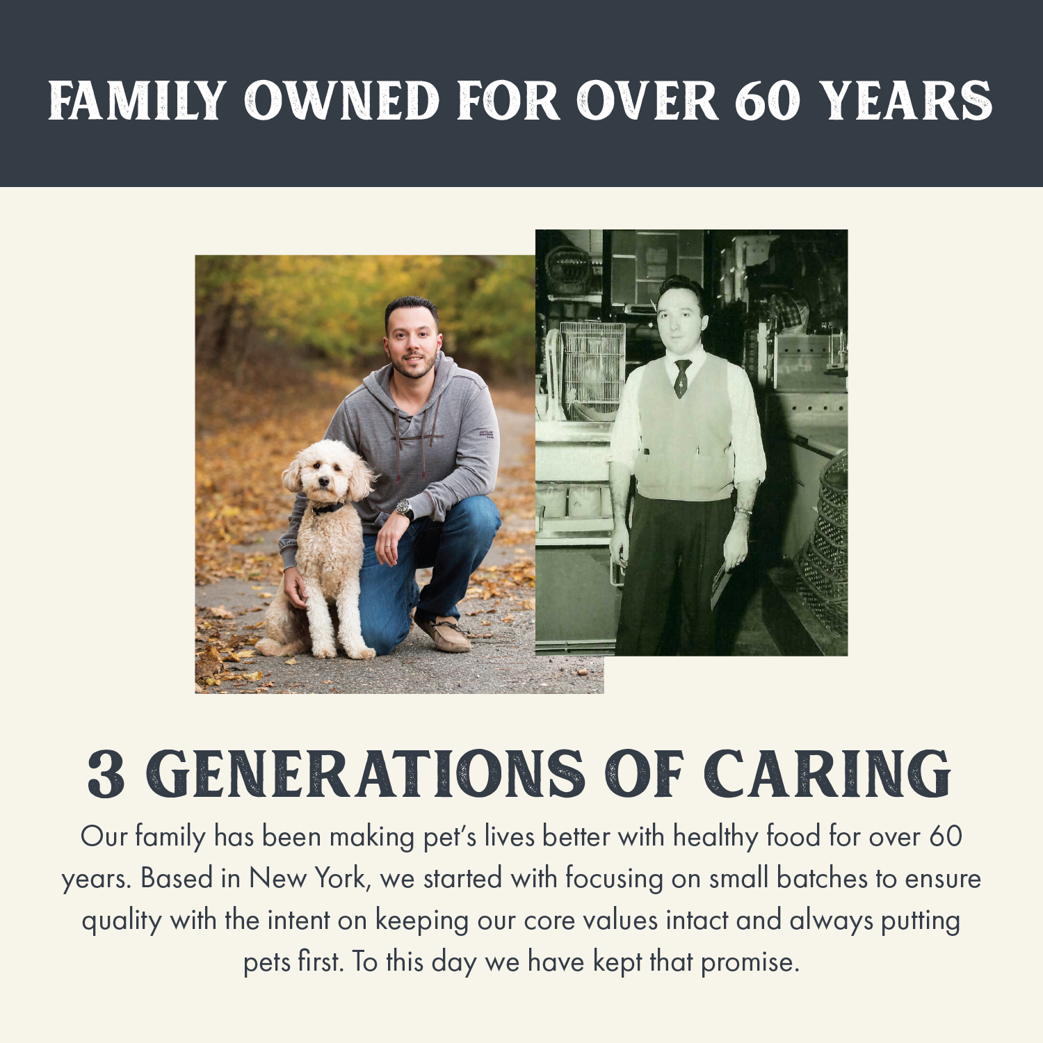 Image celebrating over 60 years of family-owned Health Extension, focusing on pet-first values.