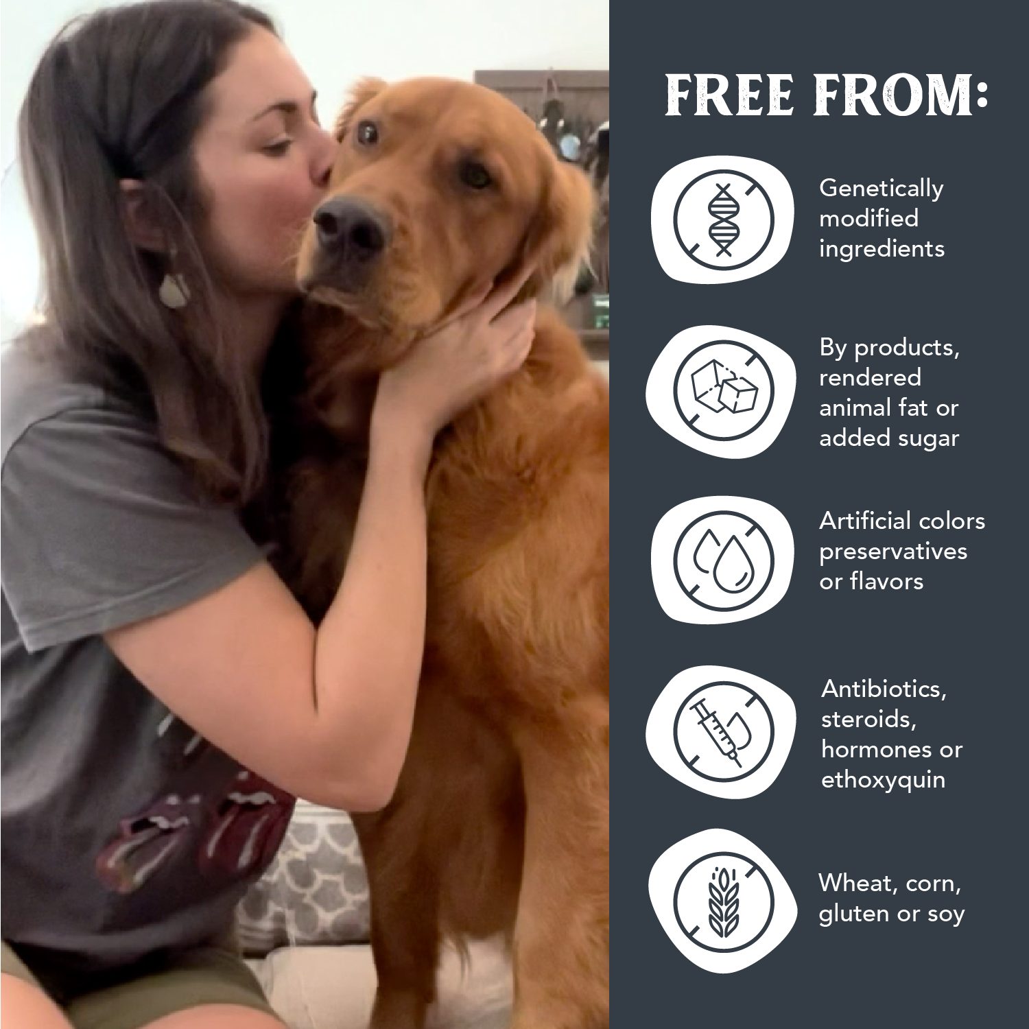 Image of a woman and golden retriever, highlighting Health Extension's 'Free From' qualities.