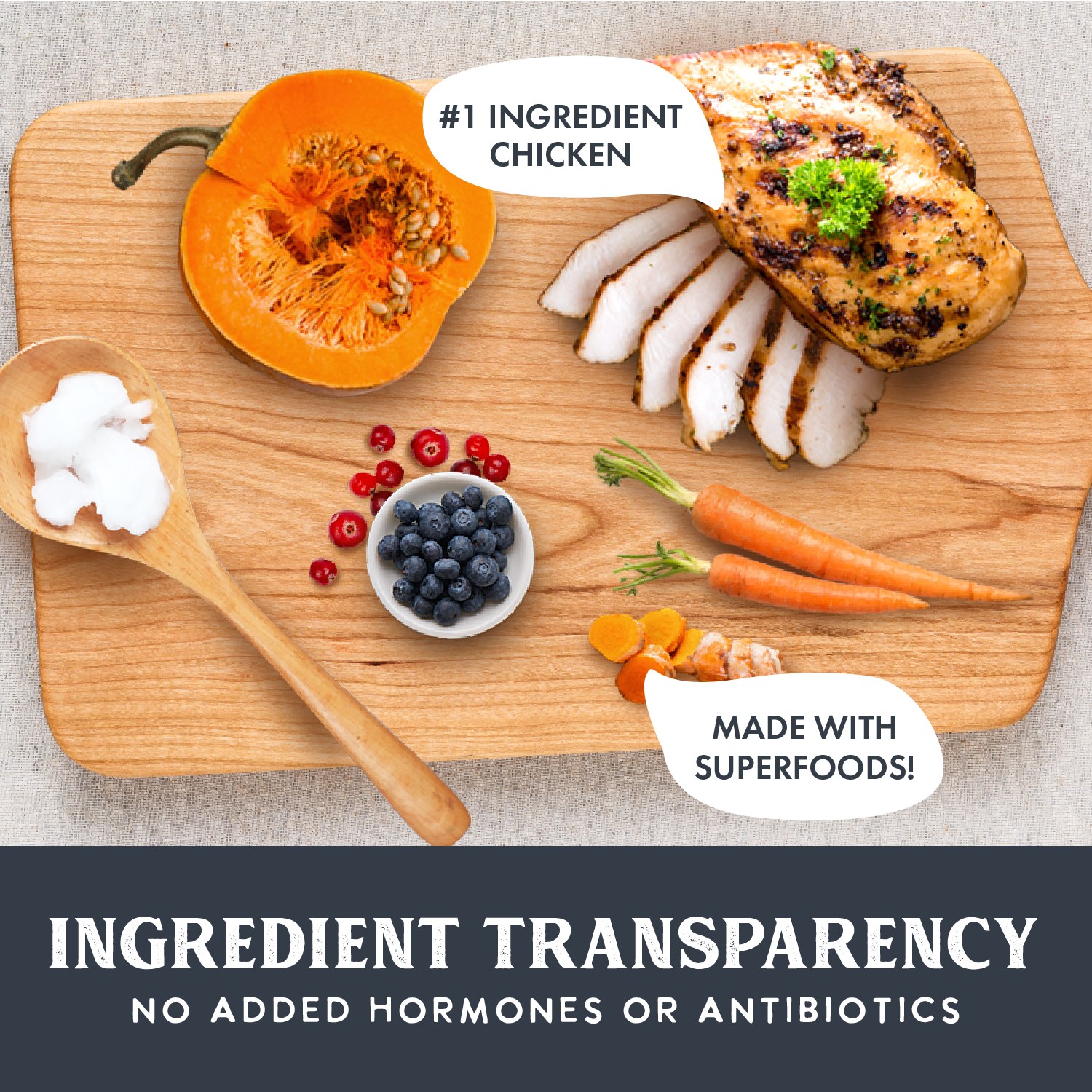 High-quality ingredients for Health Extension dog food displayed, featuring chicken as the #1 ingredient, alongside superfoods like pumpkin, carrots, coconut oil, and berries, with no added hormones or antibiotics.