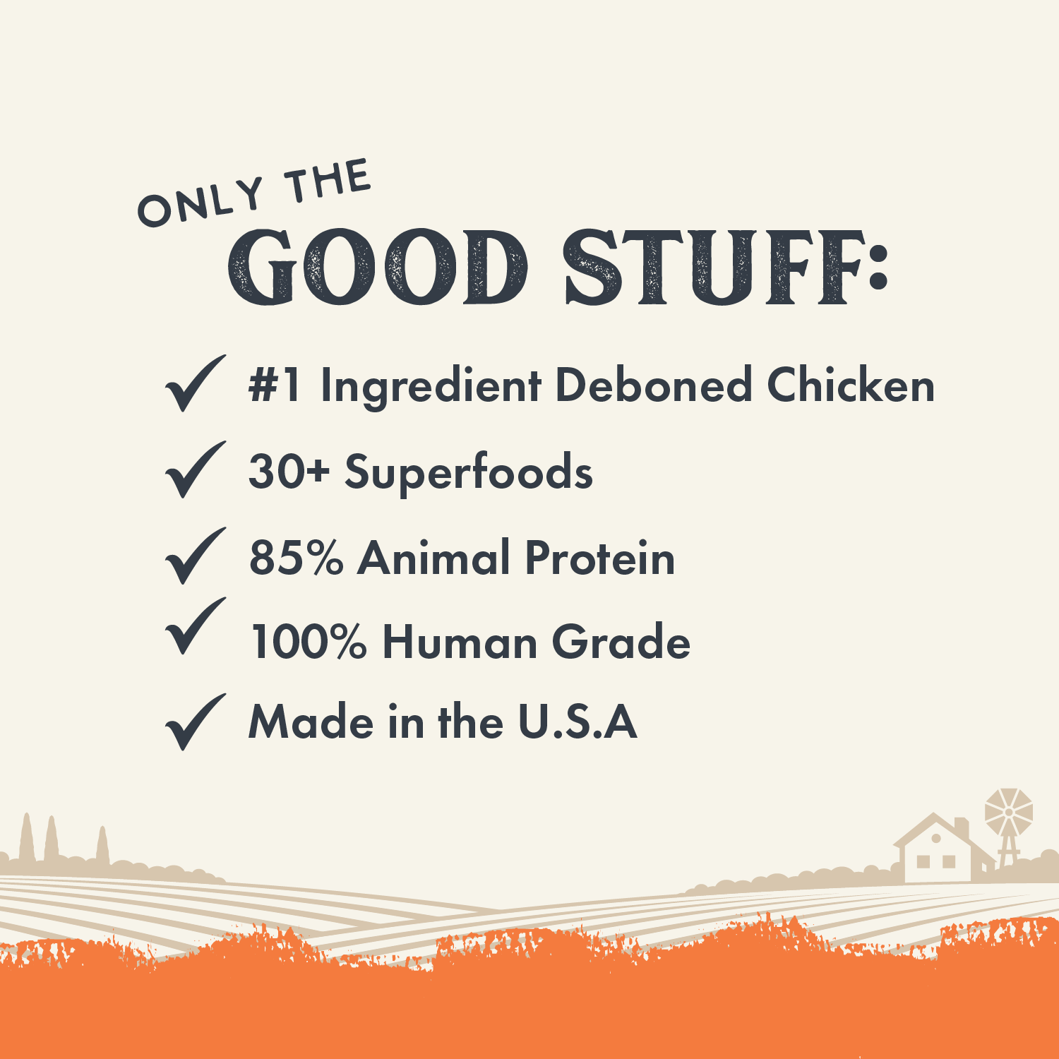 Infographic for Air Dried dog food listing benefits: #1 Ingredient Deboned Chicken, over 30 Superfoods, 85% Animal Protein, 100% Human Grade, and Made in the U.S.A.