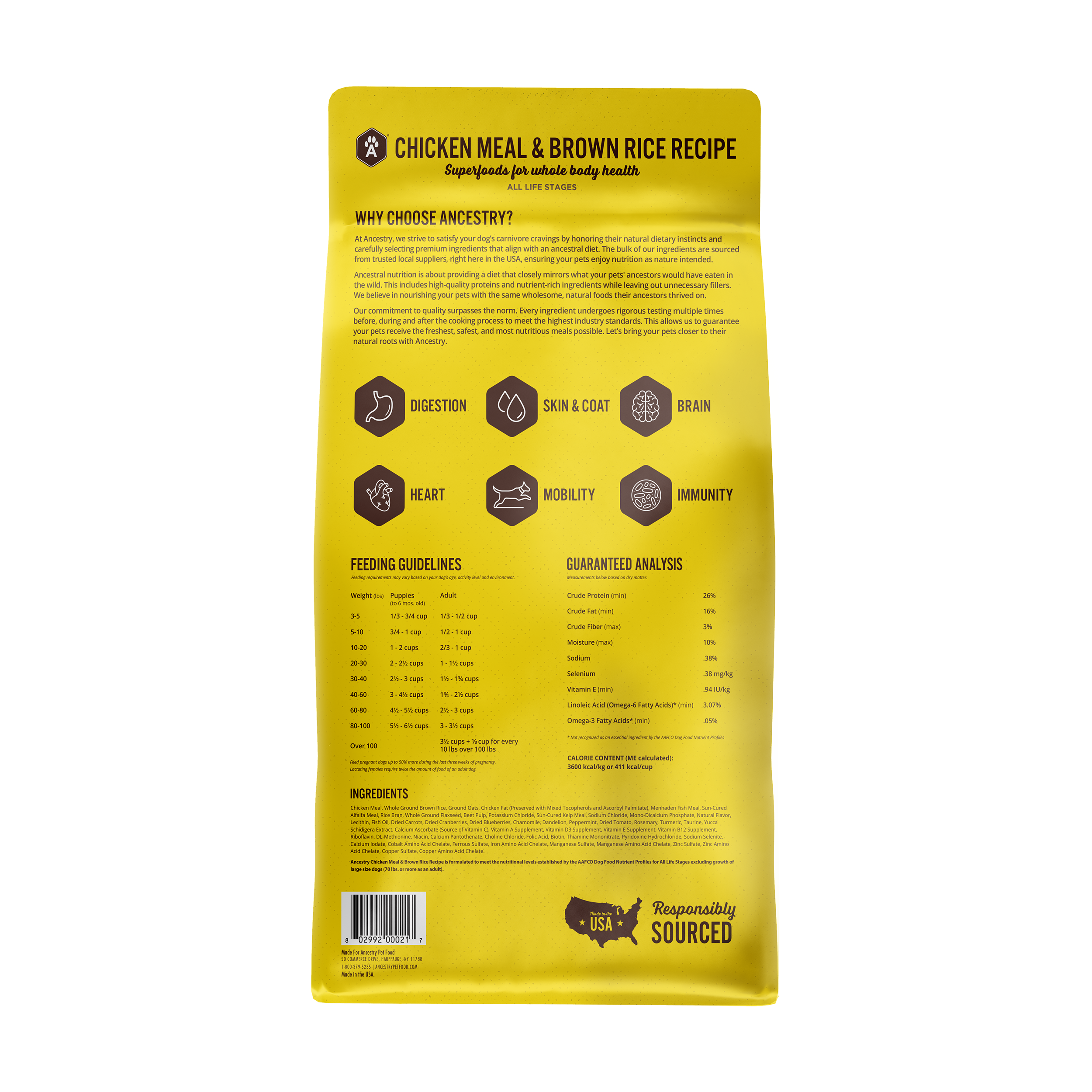 A yellow and brown bag of Ancestry Chicken Meal and Rice dog food, featuring a wolf image, health benefit icons, superfoods for whole body health, and all-natural ingredients made in small batches.