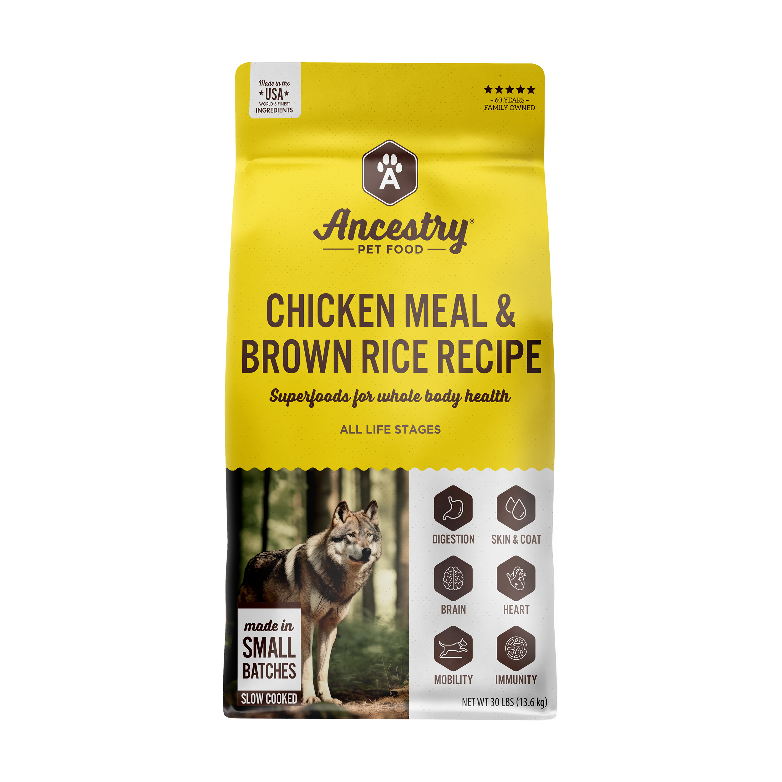 A yellow and brown bag of Ancestry Chicken Meal and Rice dog food, featuring a wolf image, health benefit icons, superfoods for whole body health, and all-natural ingredients made in small batches.