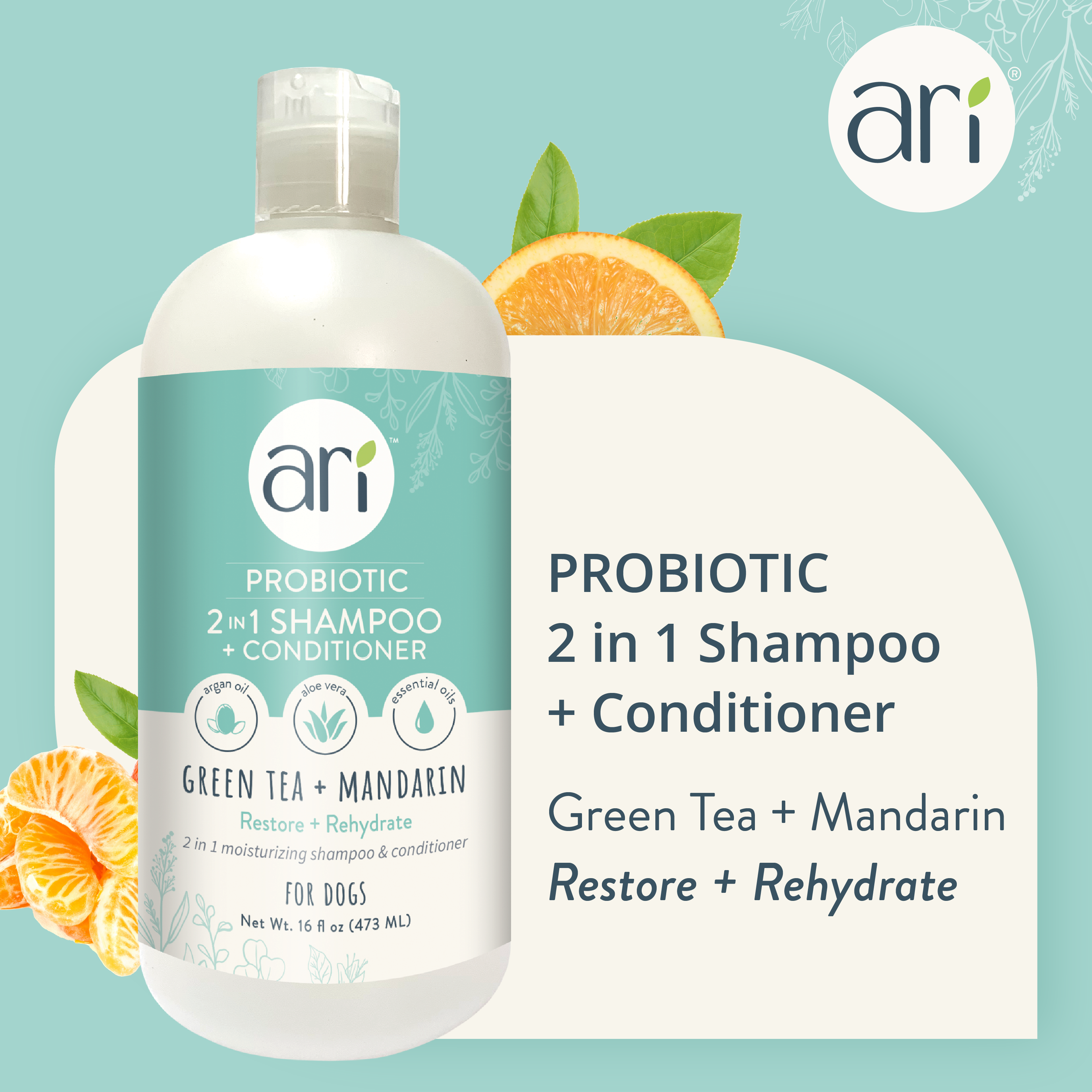 A 16 fl oz bottle of Health Extension ARI Probiotic 2 in 1 Shampoo + Conditioner for dogs in teal and white, features green tea and mandarin, with natural conditioner benefits and leaf illustrations.
