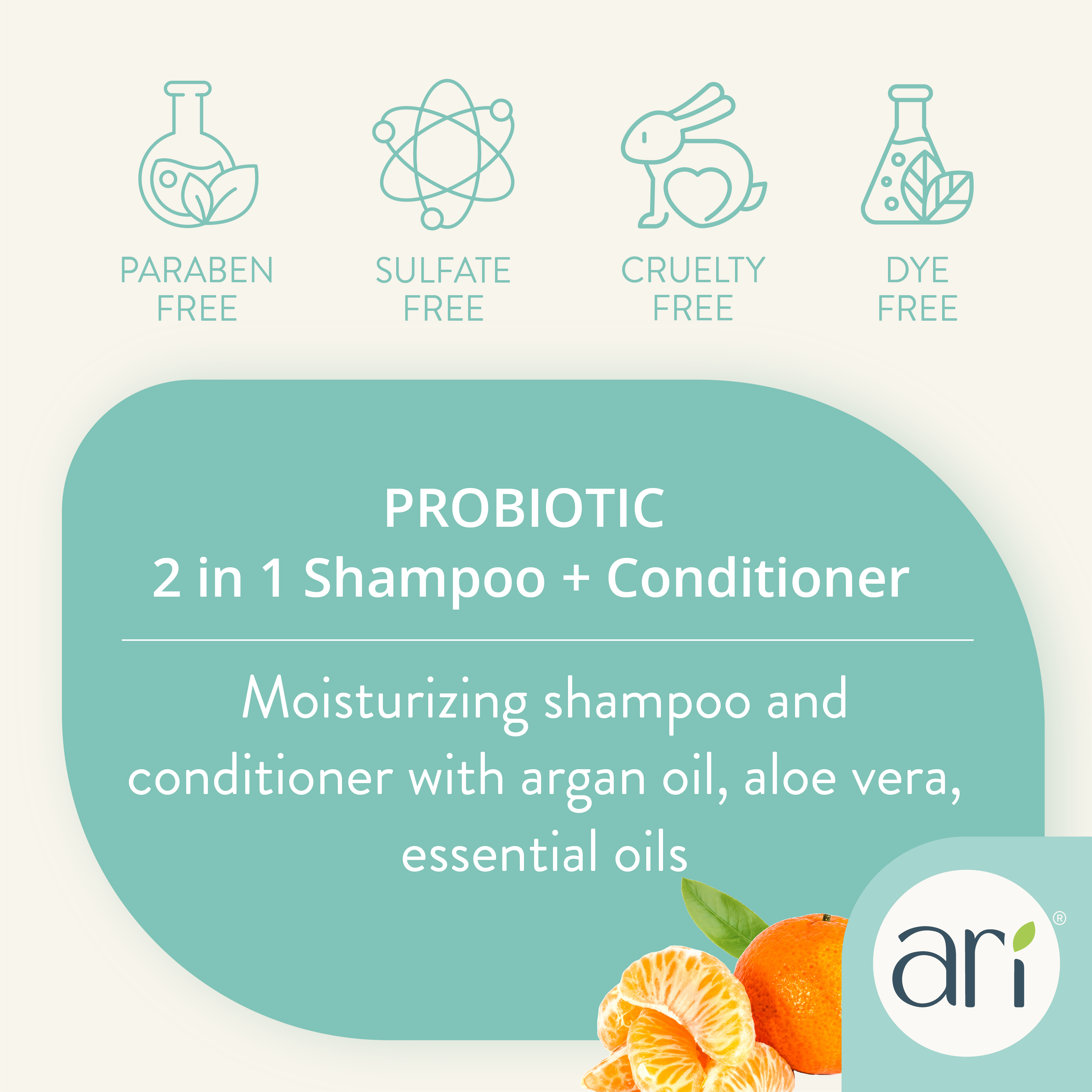 A 16 fl oz bottle of Health Extension ARI Probiotic 2 in 1 Shampoo + Conditioner for dogs in teal and white, features green tea and mandarin, with natural conditioner benefits and leaf illustrations.